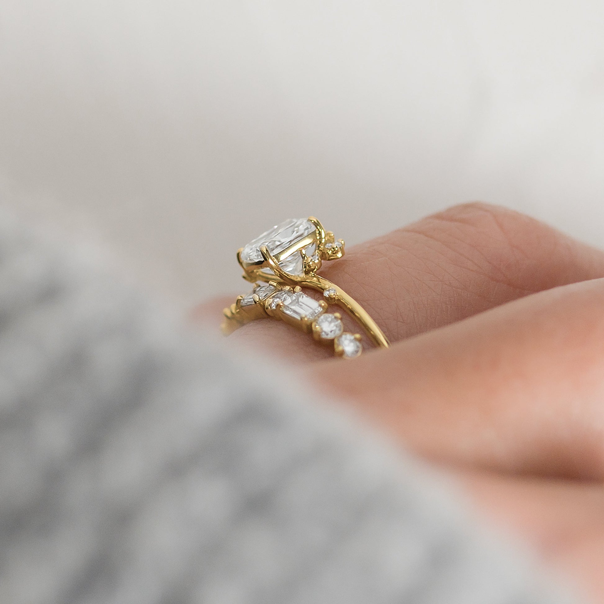 Cluster-Elongated Cushion Lab Grown Diamond Engagement Ring - On model