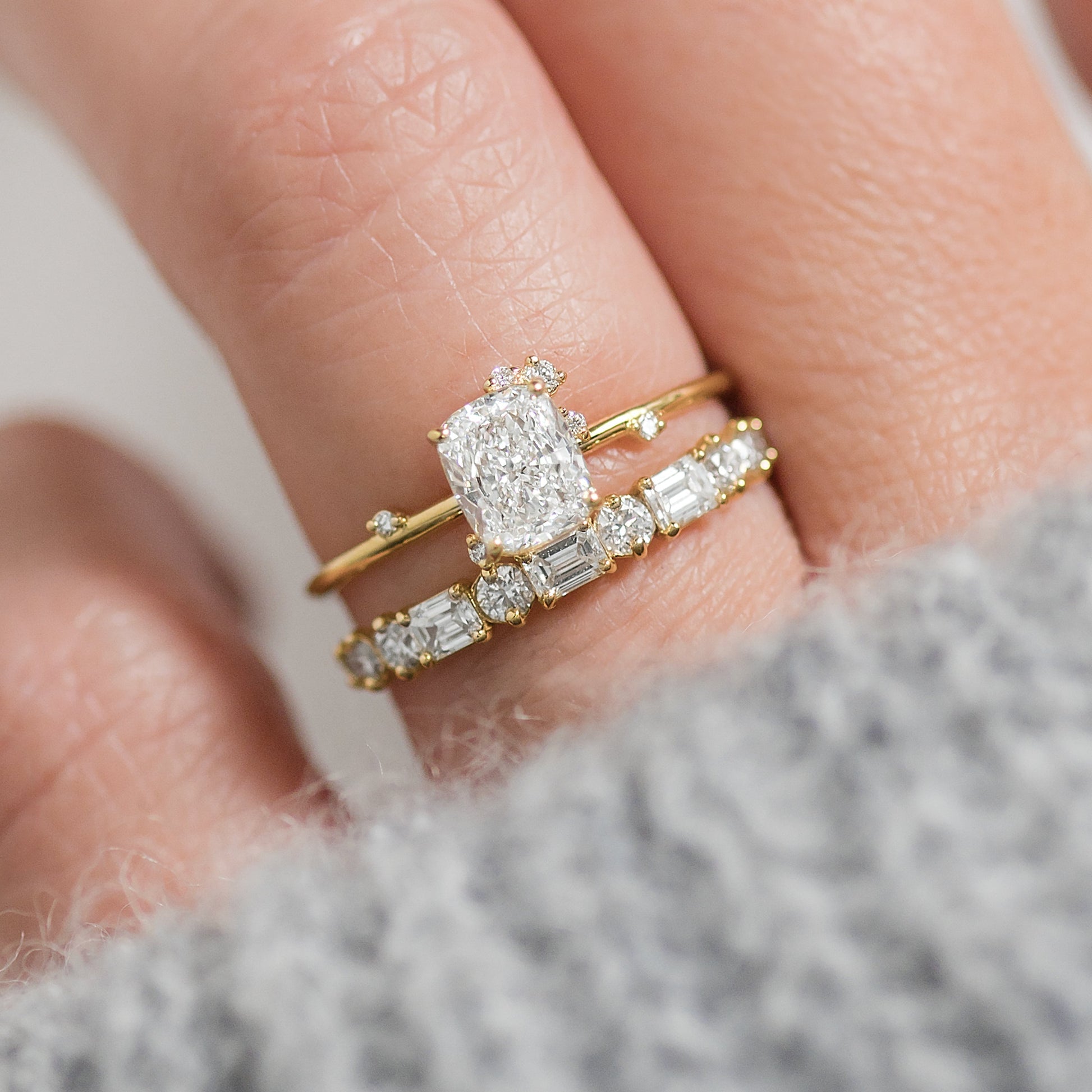 Cluster-Elongated Cushion Lab Grown Diamond Engagement Ring - Detail view