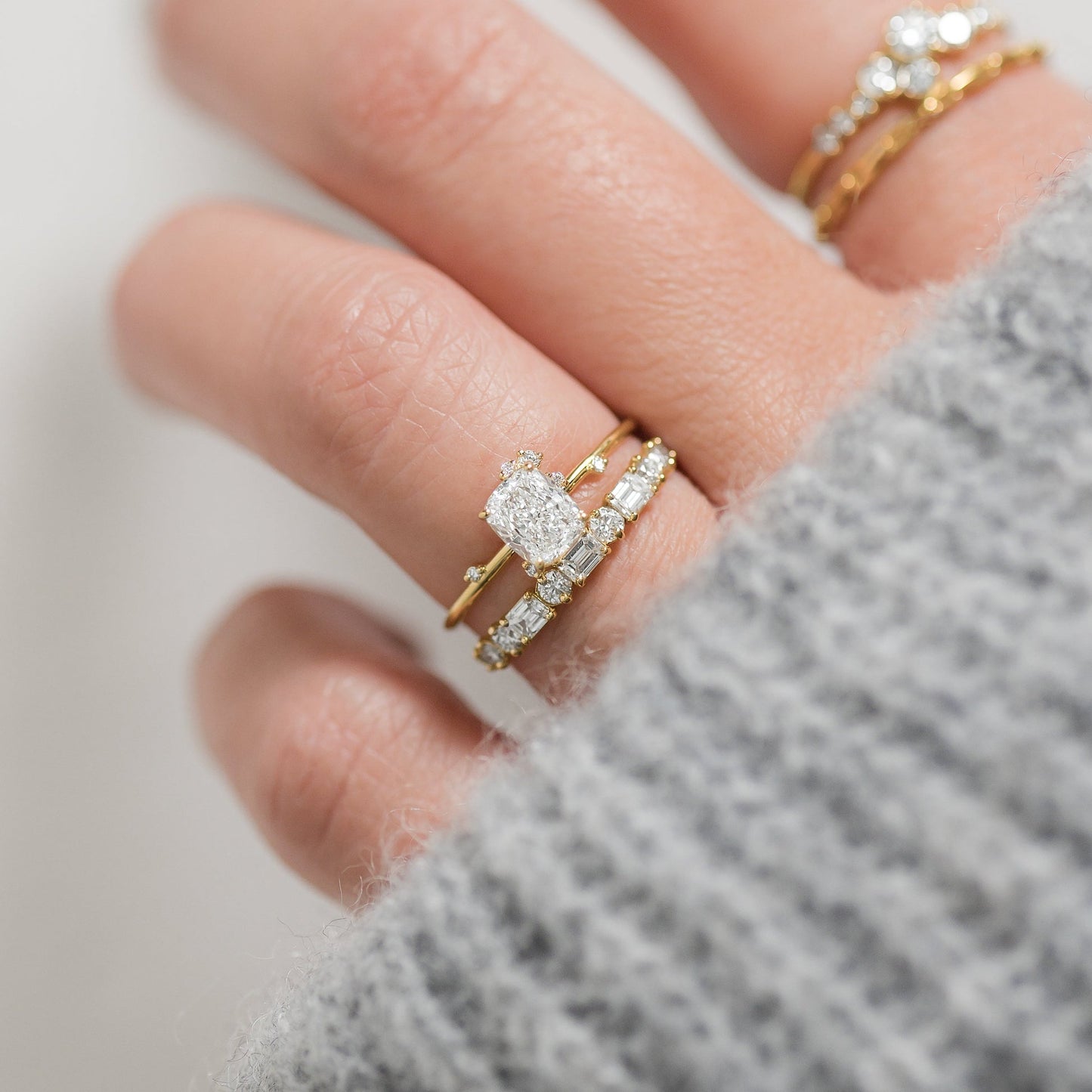 Cluster-Elongated Cushion Lab Grown Diamond Engagement Ring - On model