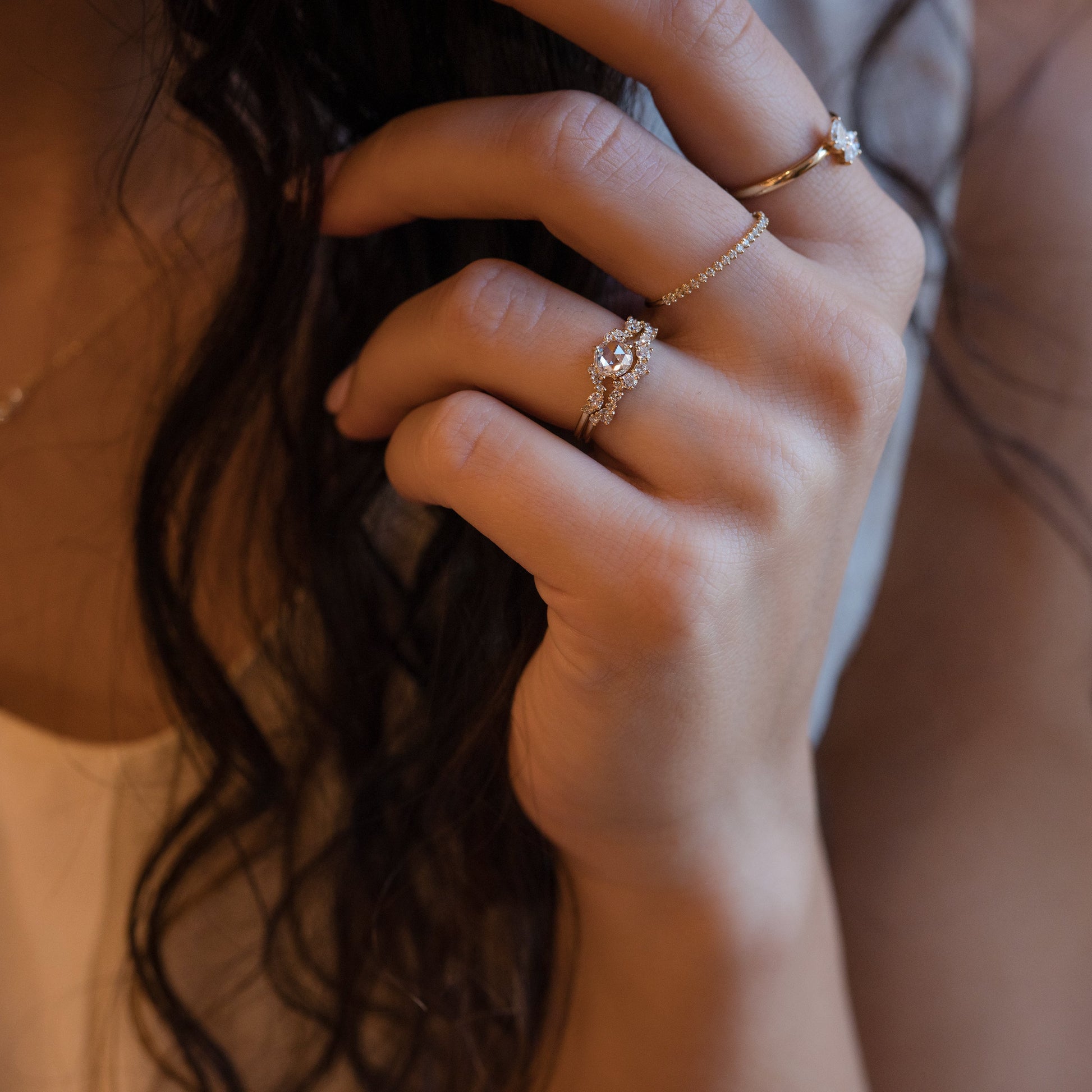 Cluster Pave-Rose Cut Lab Grown Diamond Engagement Ring - Detail view