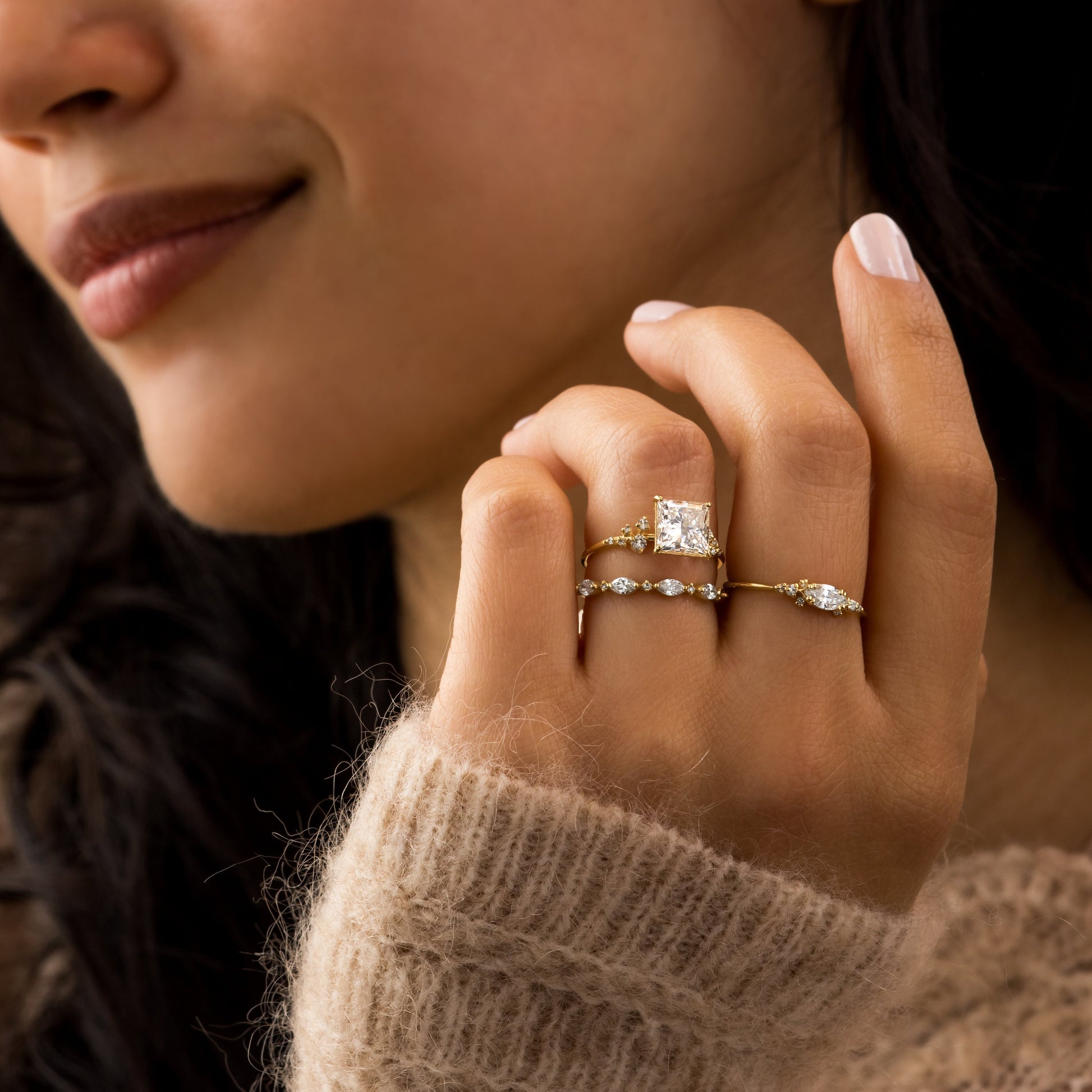 Cluster-Princess Lab Grown Diamond Engagement Ring - On model