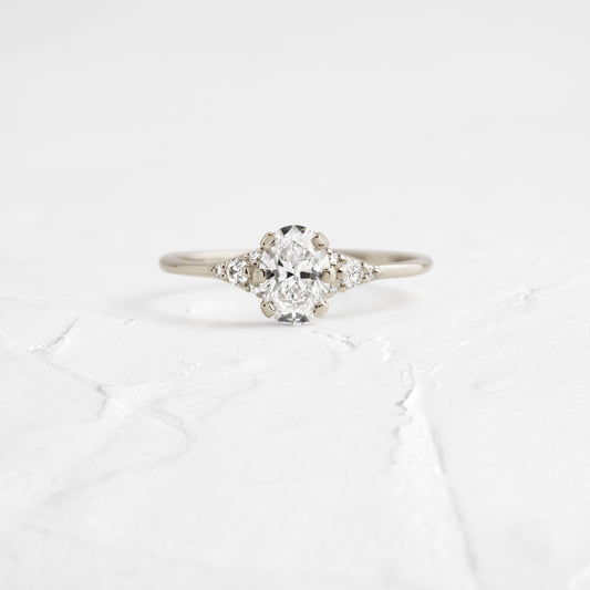 Cluster & Six Square Prong-Oval Lab Grown Diamond Engagement Ring - Front view