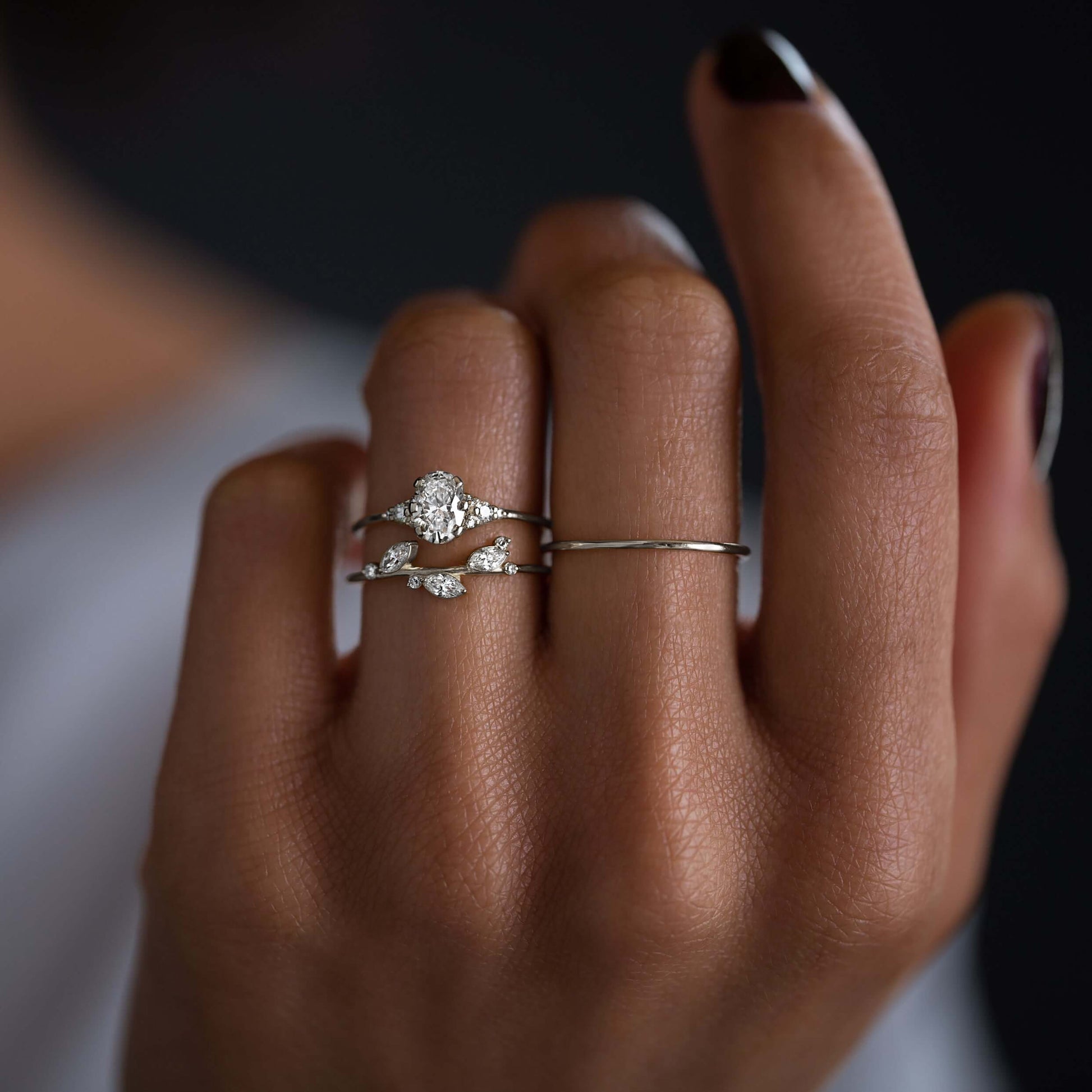 Cluster & Six Square Prong-Oval Lab Grown Diamond Engagement Ring - Detail view