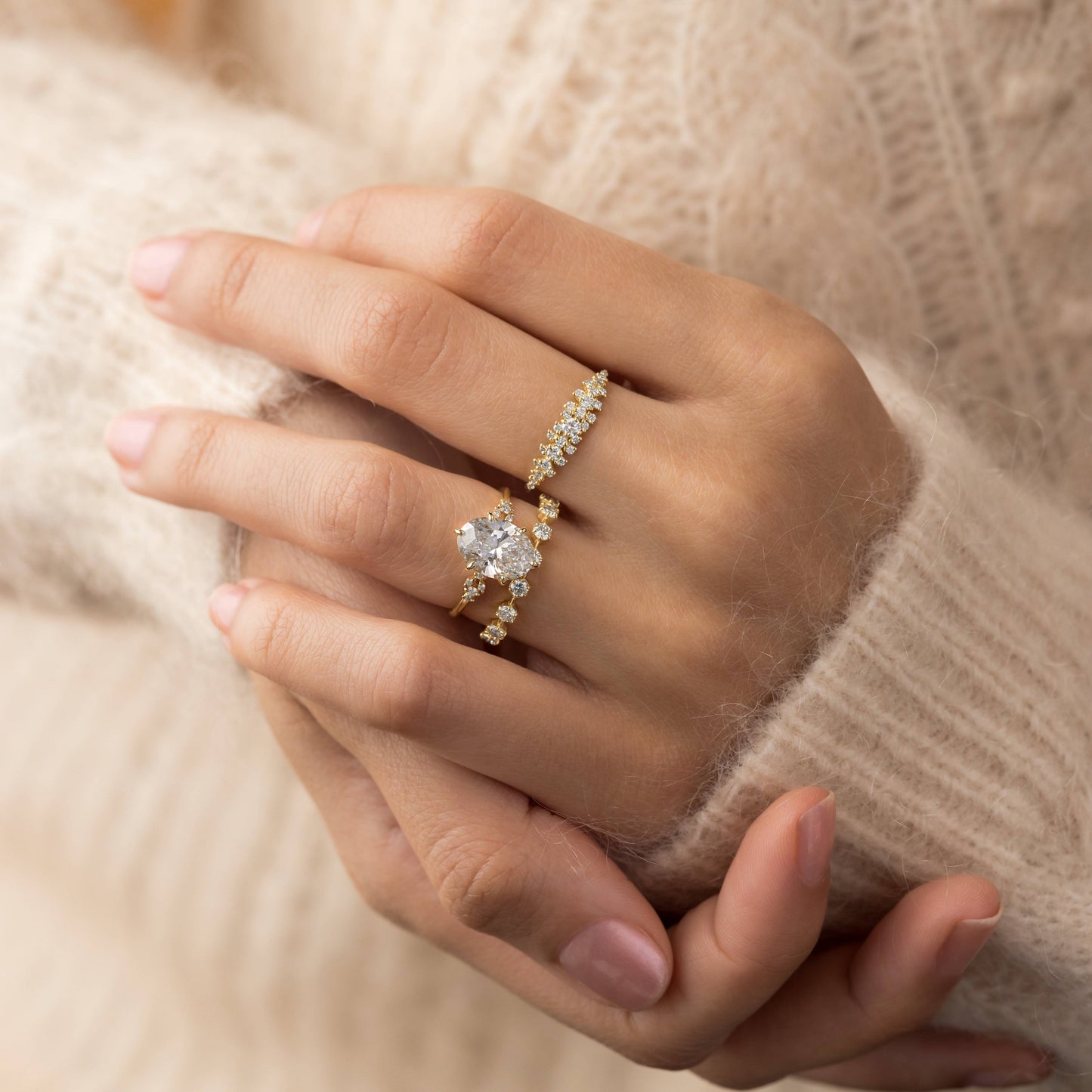Cluster Style-Oval Lab Grown Diamond Engagement Ring - On model