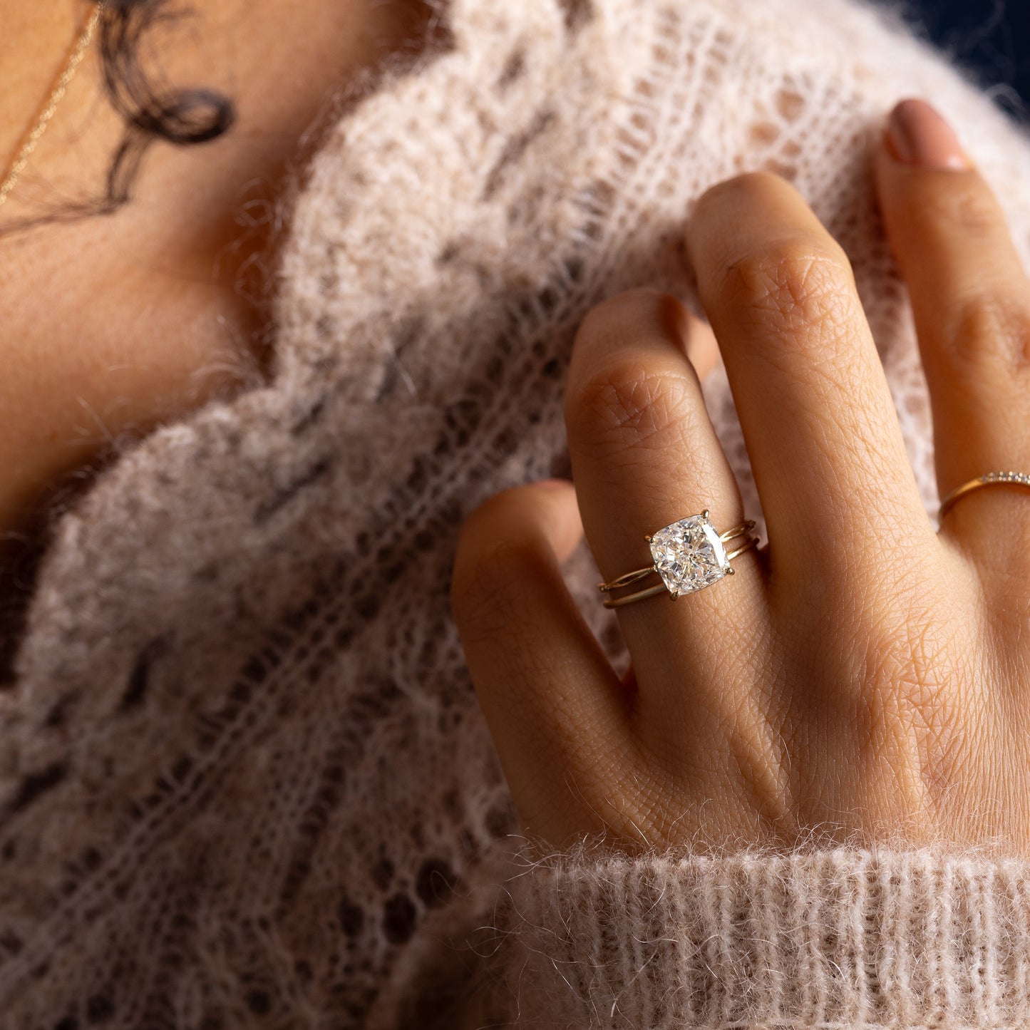 Criss Cross & Dainty Pave-Cushion Lab Grown Diamond Engagement Ring - Detail view