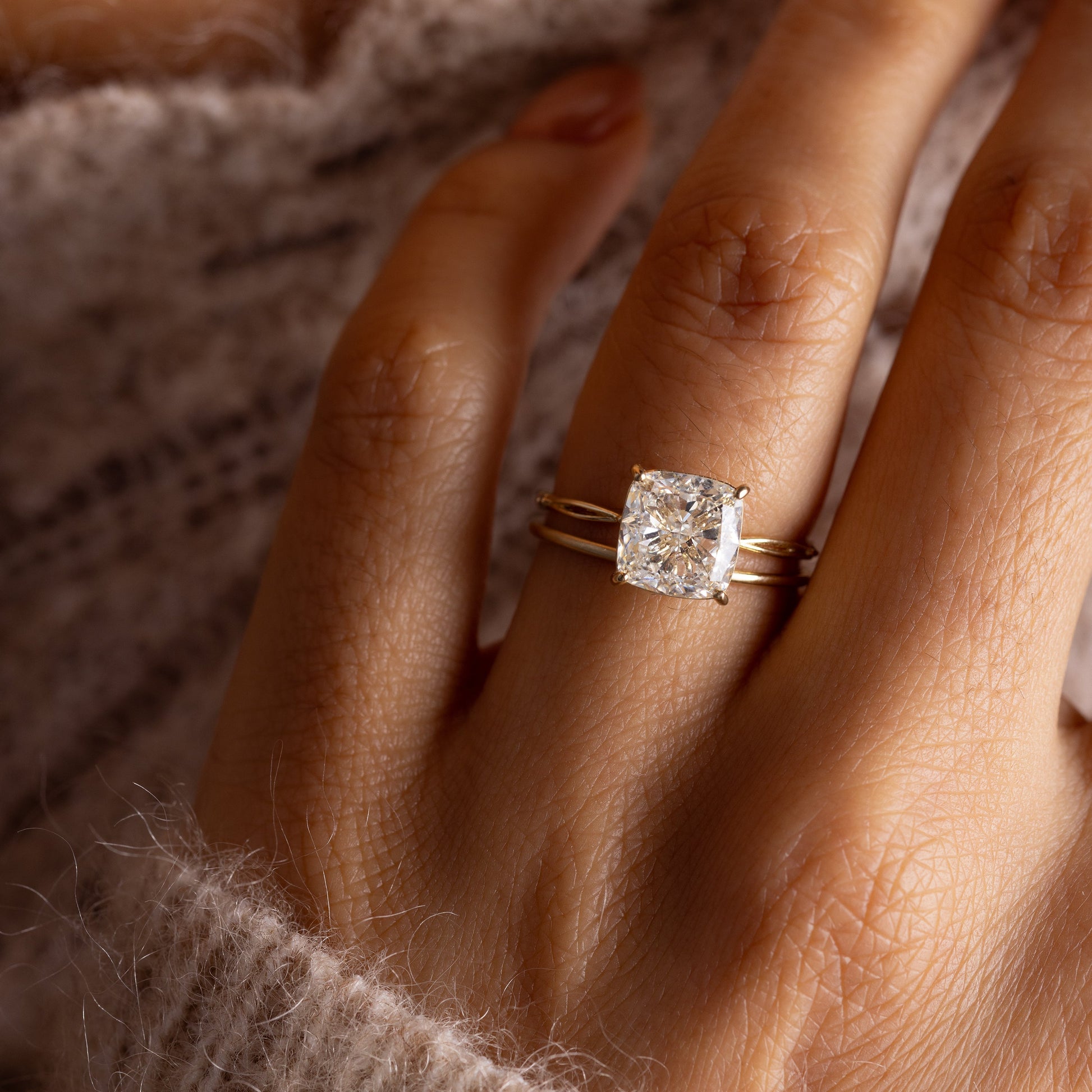Criss Cross & Dainty Pave-Cushion Lab Grown Diamond Engagement Ring - On model