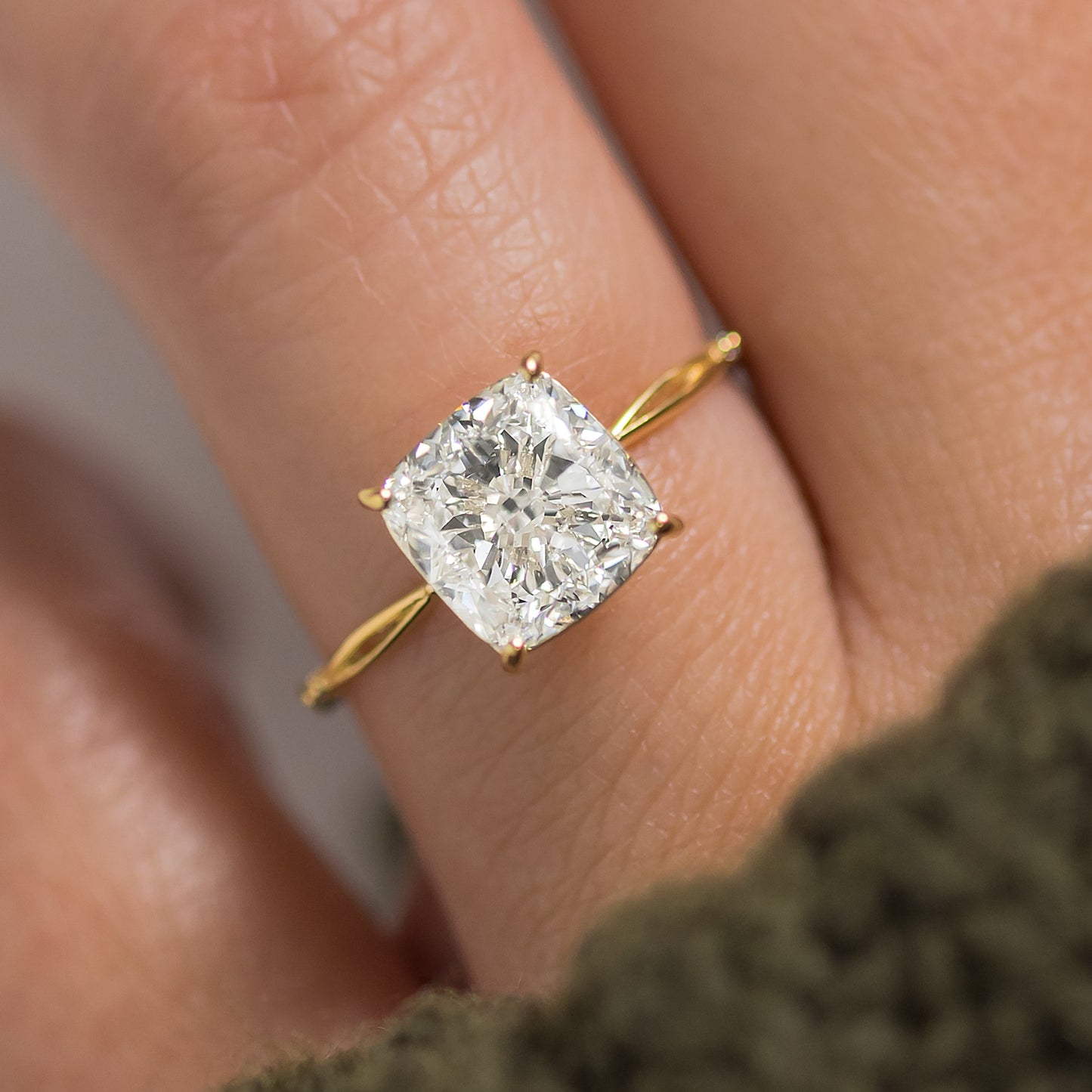 Criss Cross & Dainty Pave-Cushion Lab Grown Diamond Engagement Ring - On model