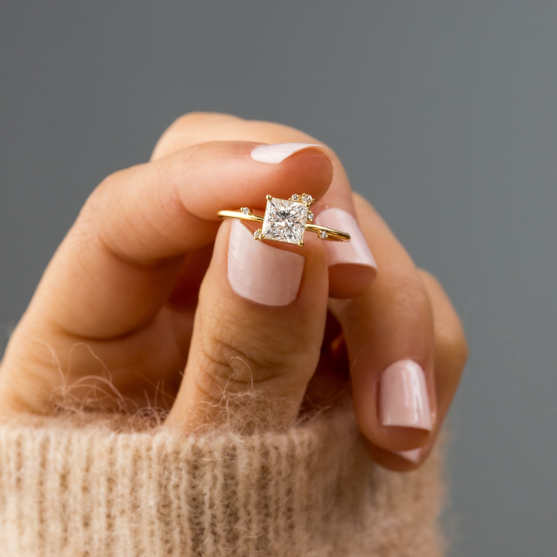 Dainty Cluster-Princess Lab Grown Diamond Engagement Ring - Side view