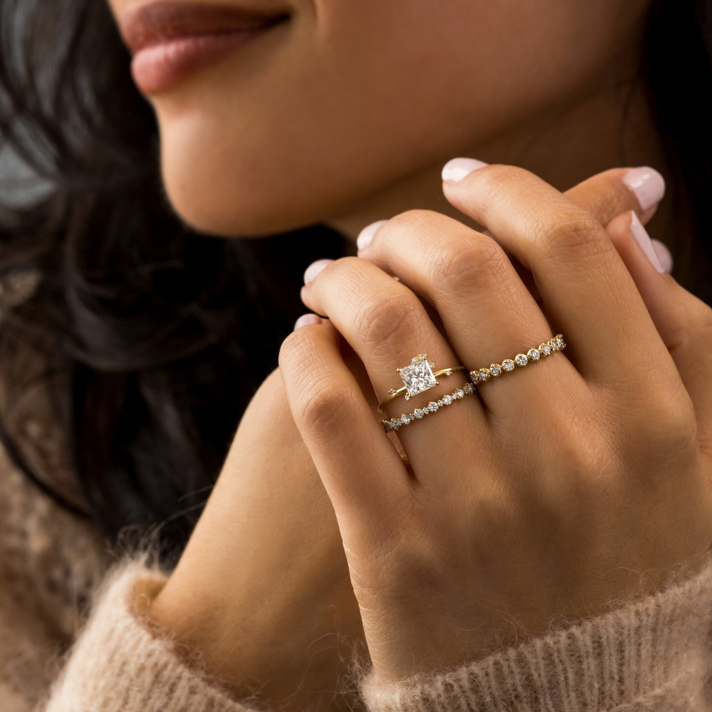 Dainty Cluster-Princess Lab Grown Diamond Engagement Ring - Lifestyle