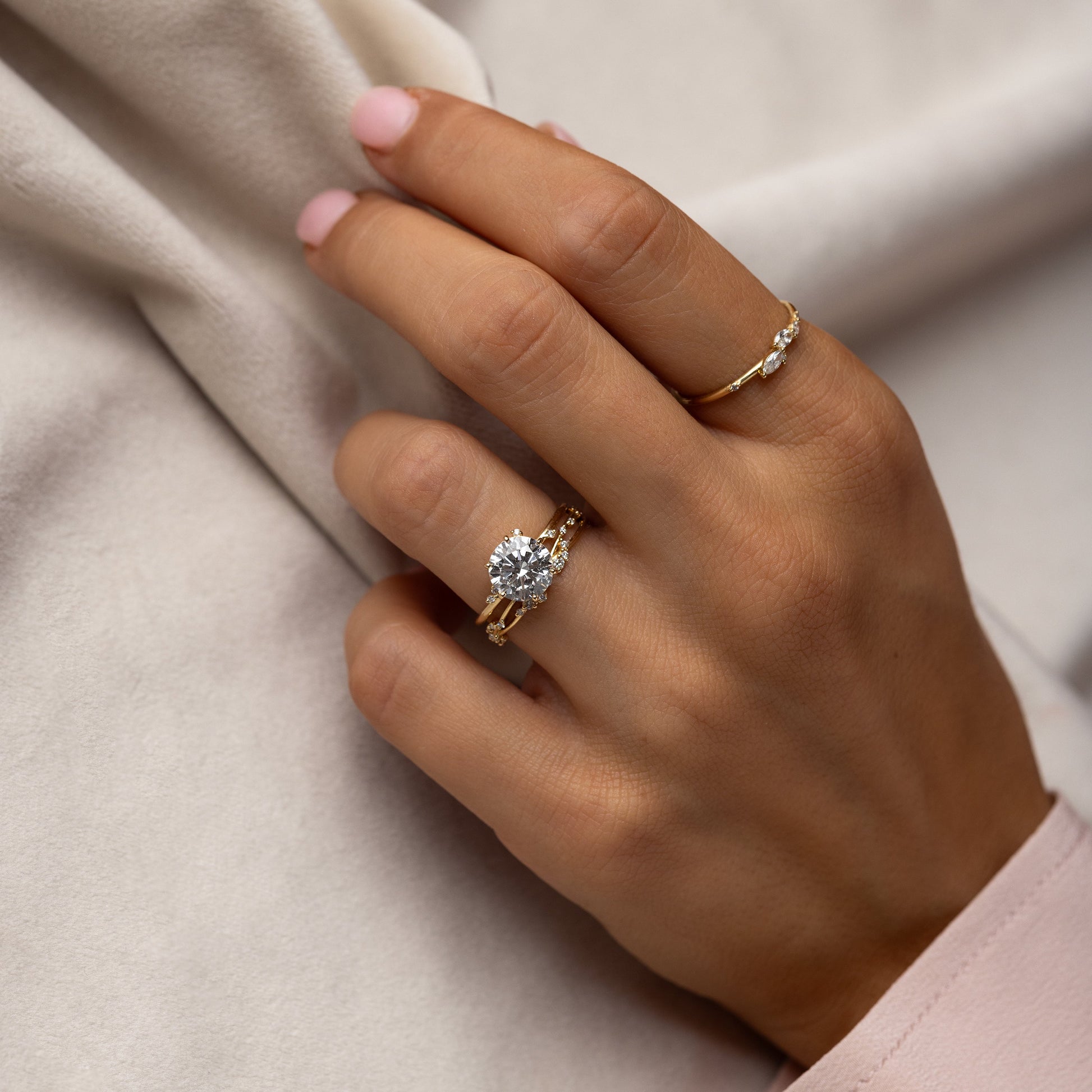 Dainty Cluster-Round Lab Grown Diamond Engagement Ring - On model
