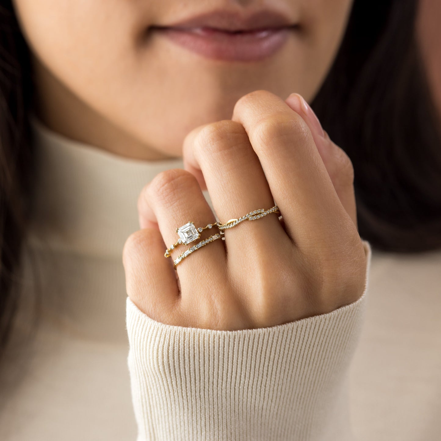 Dainty Pave-Asscher Lab Grown Diamond Engagement Ring - Detail view
