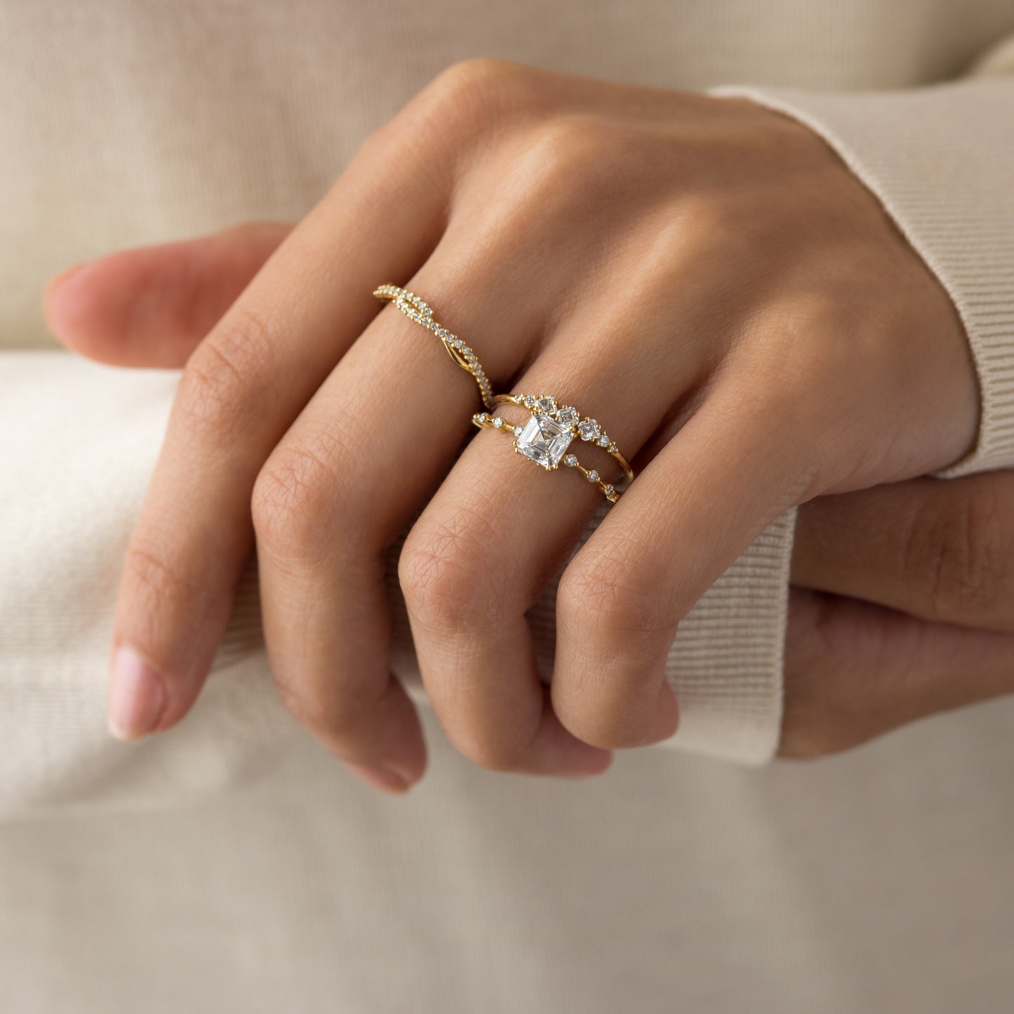 Dainty Pave-Asscher Lab Grown Diamond Engagement Ring - On model