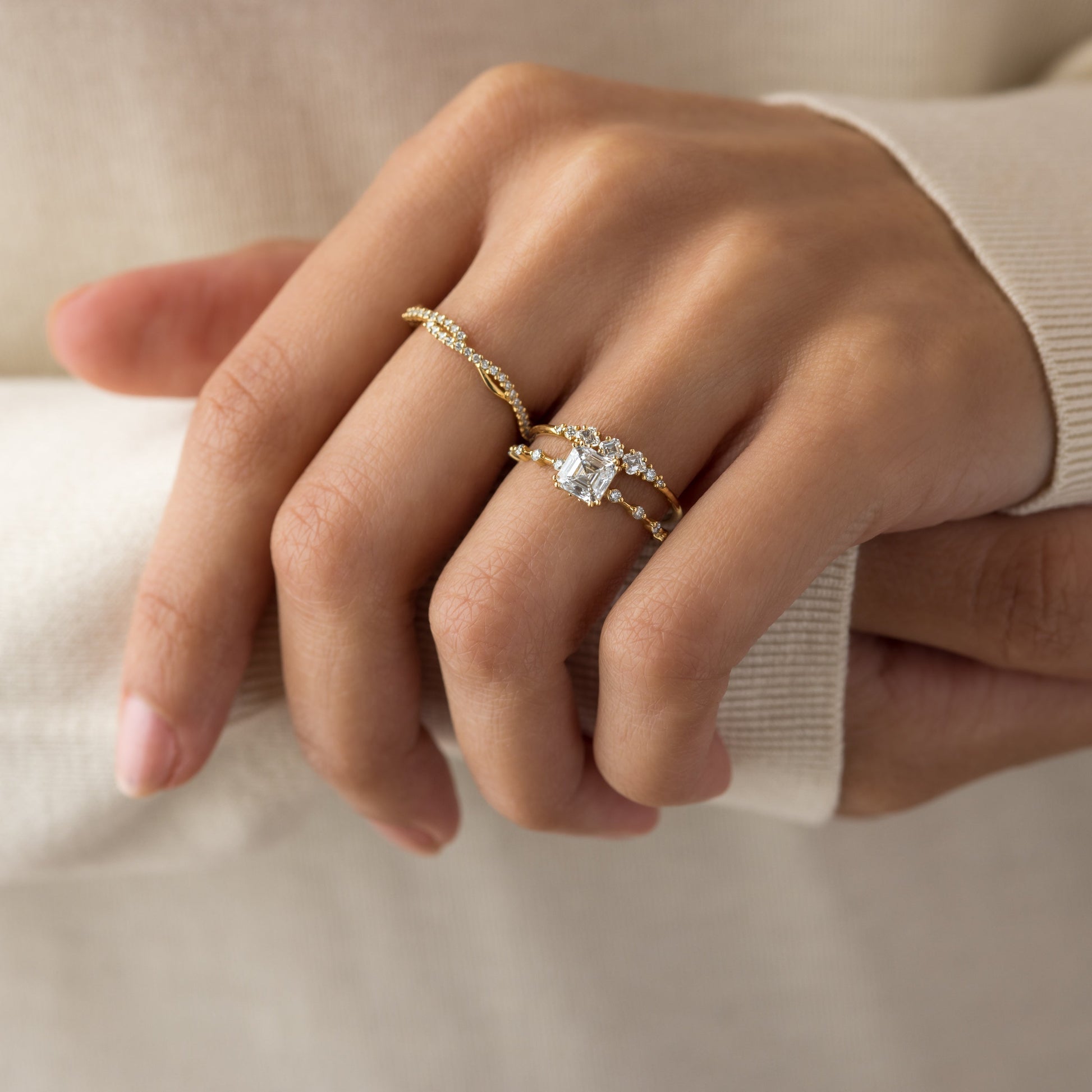 Dainty Pave-Asscher Lab Grown Diamond Engagement Ring - On model