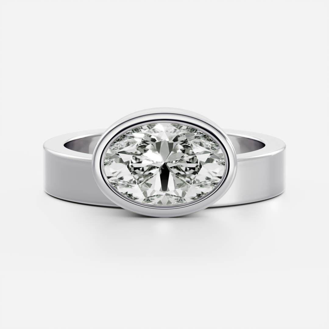 East West Solitaire Bezel- 1.55 CT Oval Moissanite Engagement RingEast West Solitaire Bezel- 1.55 CT Oval Moissanite Engagement Ring - Detail view
