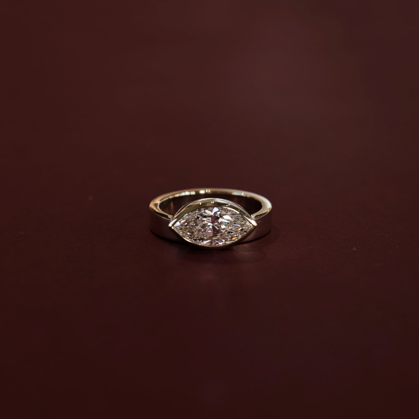 East West Solitaire Bezel- 2.0 CT Marquise Moissanite Engagement RingEast West Solitaire Bezel- 2.0 CT Marquise Moissanite Engagement Ring - Side view