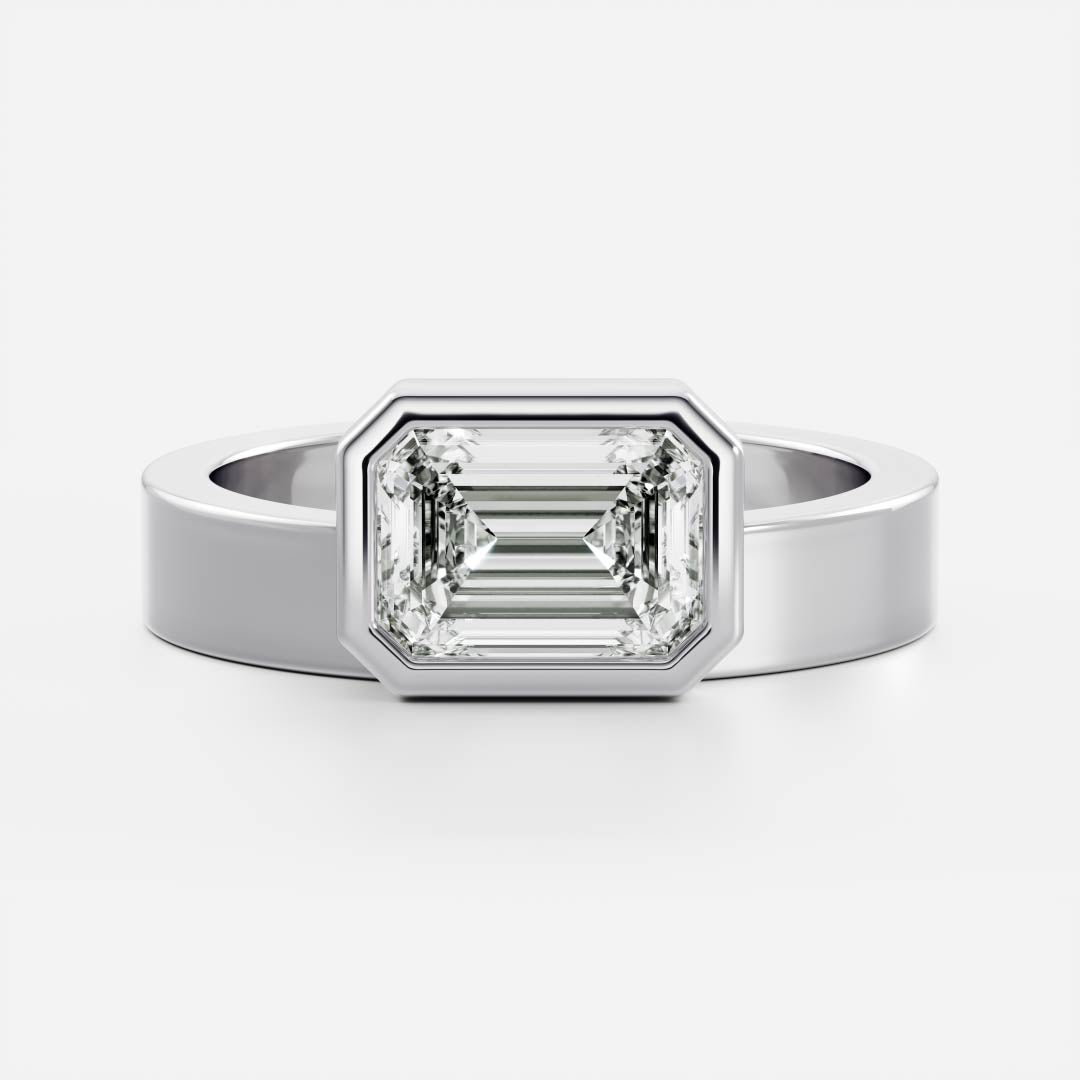 East West Solitaire Bezel- 3.1 CT Emerald Moissanite Engagement RingEast West Solitaire Bezel- 3.1 CT Emerald Moissanite Engagement Ring - Side view