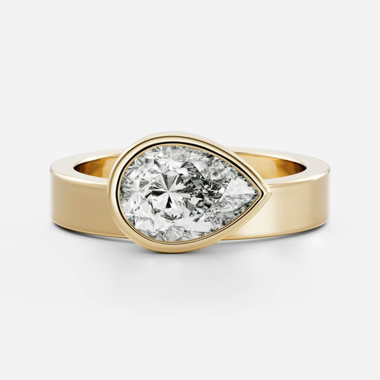East West Solitaire Bezel Cigar Band- 1.9 CT Pear Moissanite Engagement RingEast West Solitaire Bezel Cigar Band- 1.9 CT Pear Moissanite Engagement Ring - Front view
