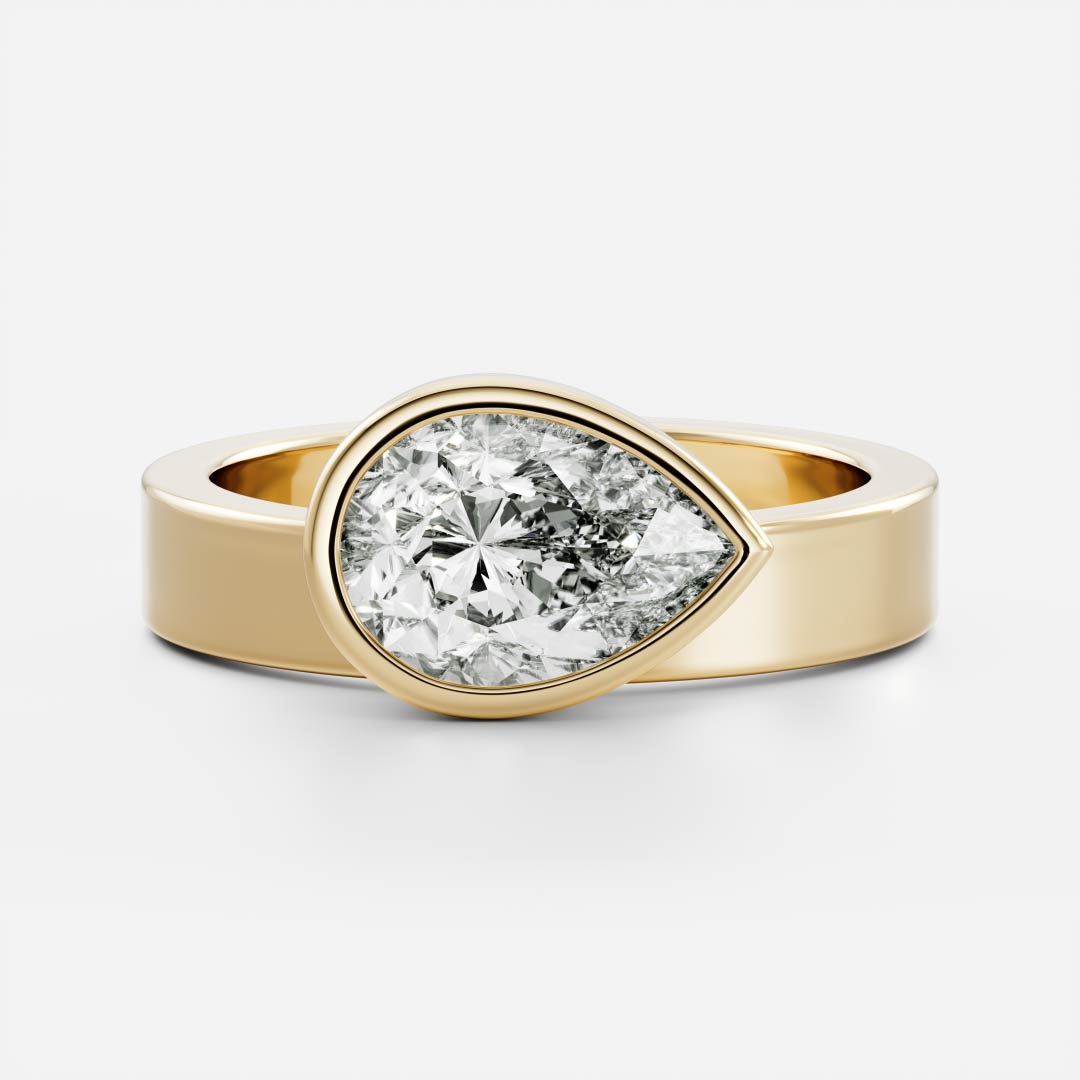 East West Solitaire Bezel Cigar Band- 1.9 CT Pear Moissanite Engagement RingEast West Solitaire Bezel Cigar Band- 1.9 CT Pear Moissanite Engagement Ring - Front view