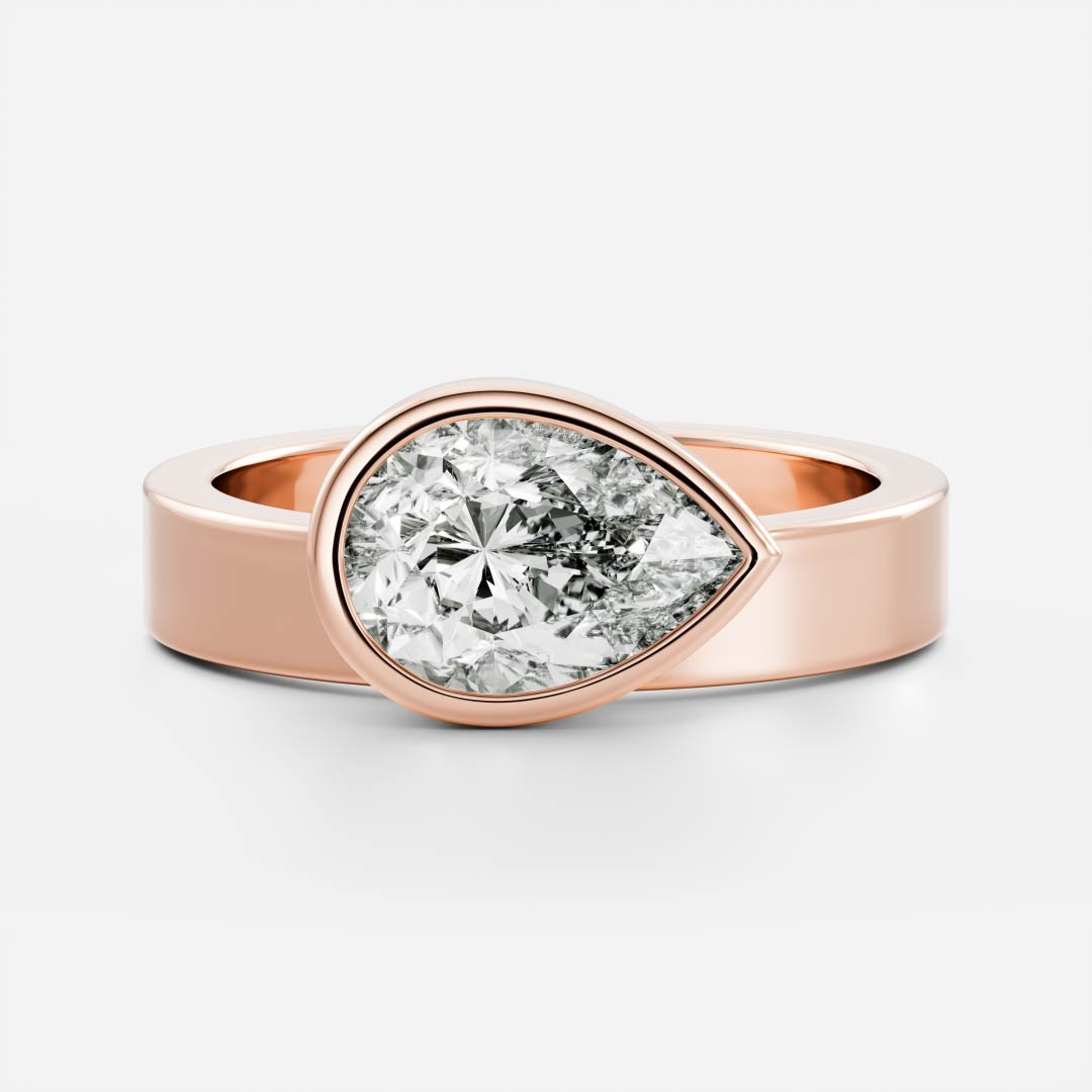 East West Solitaire Bezel Cigar Band- 1.9 CT Pear Moissanite Engagement RingEast West Solitaire Bezel Cigar Band- 1.9 CT Pear Moissanite Engagement Ring - Detail view