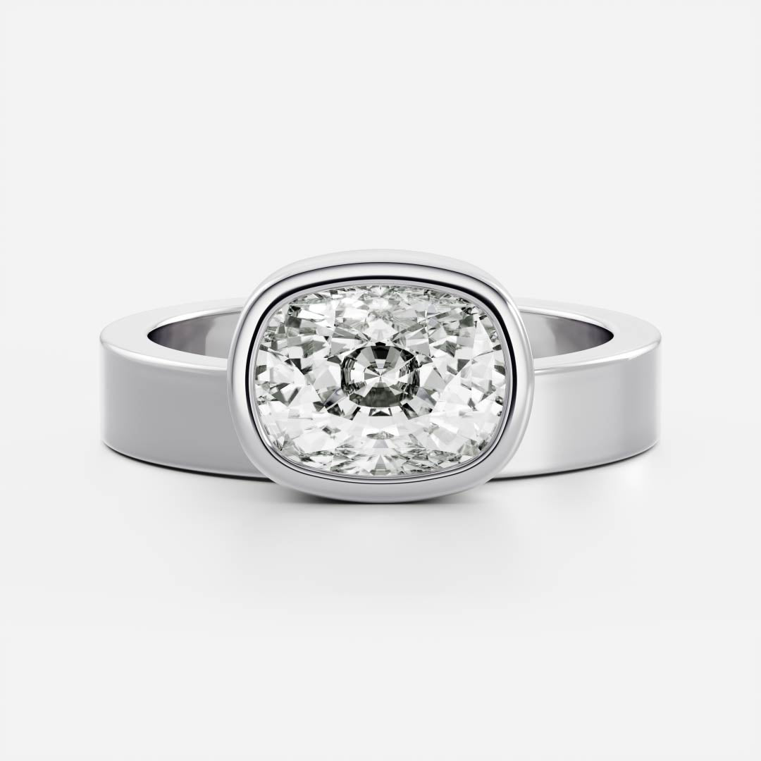 East West Solitaire Bezel Cigar Band- 2.6 CT Elongated Cushion Moissanite Engagement RingEast West Solitaire Bezel Cigar Band- 2.6 CT Elongated Cushion Moissanite Engagement Ring - Side view