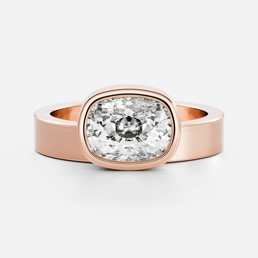 East West Solitaire Bezel Cigar Band- 2.6 CT Elongated Cushion Moissanite Engagement RingEast West Solitaire Bezel Cigar Band- 2.6 CT Elongated Cushion Moissanite Engagement Ring - Detail view