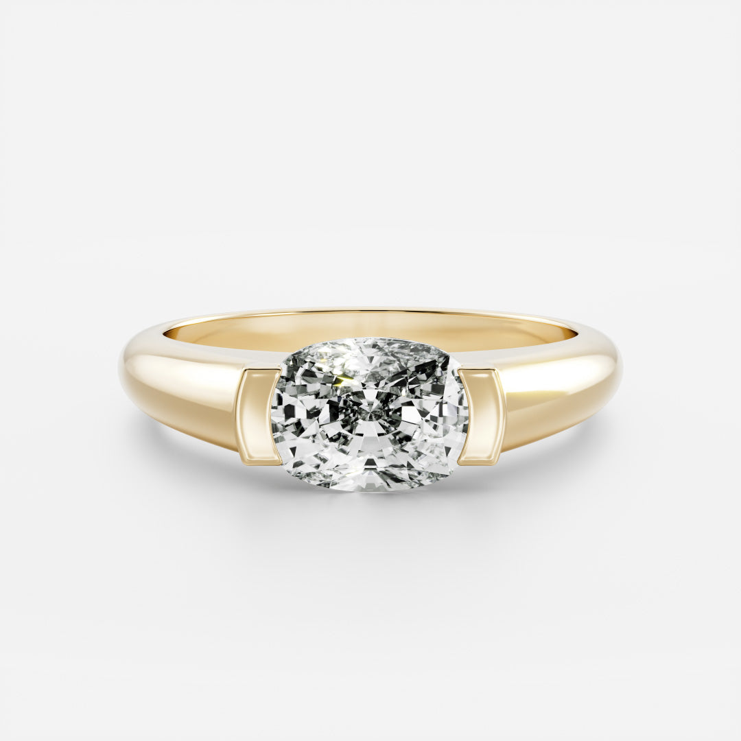 East West Solitaire Half Bezel- 1.2 CT Elongated Cushion Moissanite Engagement RingEast West Solitaire Half Bezel- 1.2 CT Elongated Cushion Moissanite Engagement Ring - Front view