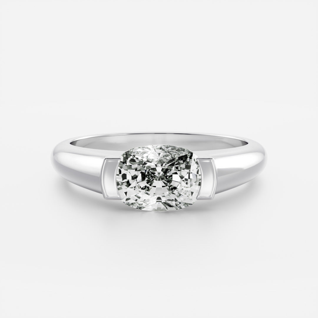 East West Solitaire Half Bezel- 1.2 CT Elongated Cushion Moissanite Engagement RingEast West Solitaire Half Bezel- 1.2 CT Elongated Cushion Moissanite Engagement Ring - Detail view
