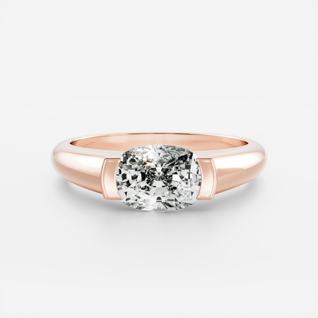 East West Solitaire Half Bezel- 1.2 CT Elongated Cushion Moissanite Engagement RingEast West Solitaire Half Bezel- 1.2 CT Elongated Cushion Moissanite Engagement Ring - Side view