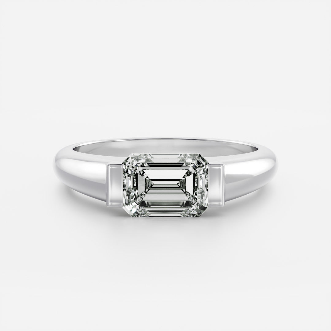 East West Solitaire Half Bezel- 1.5 CT Emerald Moissanite Engagement RingEast West Solitaire Half Bezel- 1.5 CT Emerald Moissanite Engagement Ring - Detail view