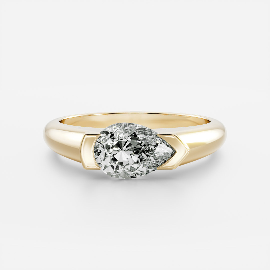 East West Solitaire Half Bezel- 1.9 CT Pear Moissanite Engagement RingEast West Solitaire Half Bezel- 1.9 CT Pear Moissanite Engagement Ring - Front view