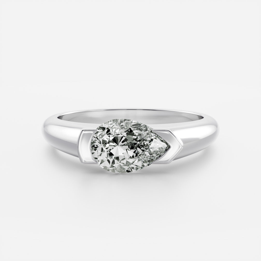 East West Solitaire Half Bezel- 1.9 CT Pear Moissanite Engagement RingEast West Solitaire Half Bezel- 1.9 CT Pear Moissanite Engagement Ring - Detail view