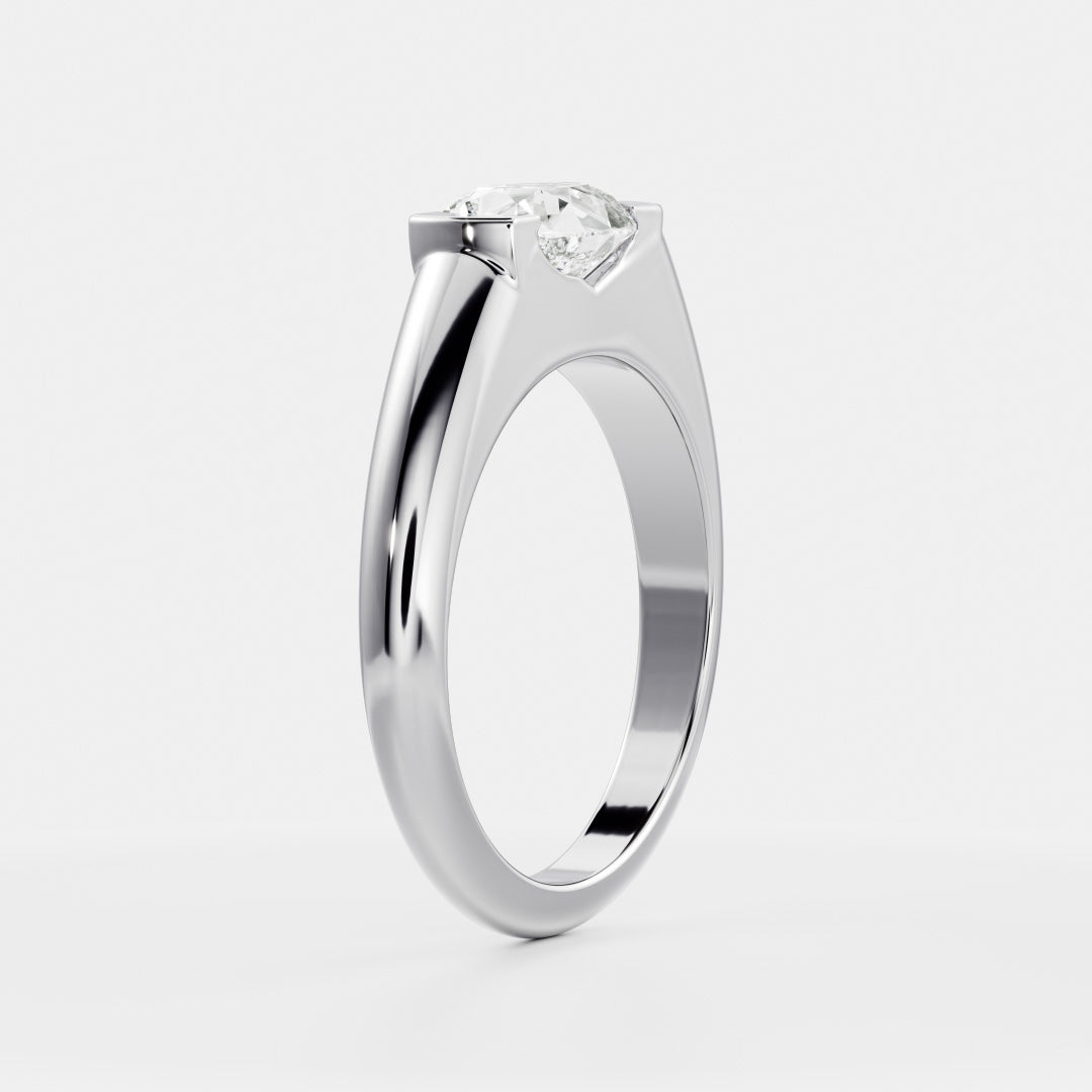 East West Solitaire Half Bezel- 1.9 CT Pear Moissanite Engagement RingEast West Solitaire Half Bezel- 1.9 CT Pear Moissanite Engagement Ring - On model