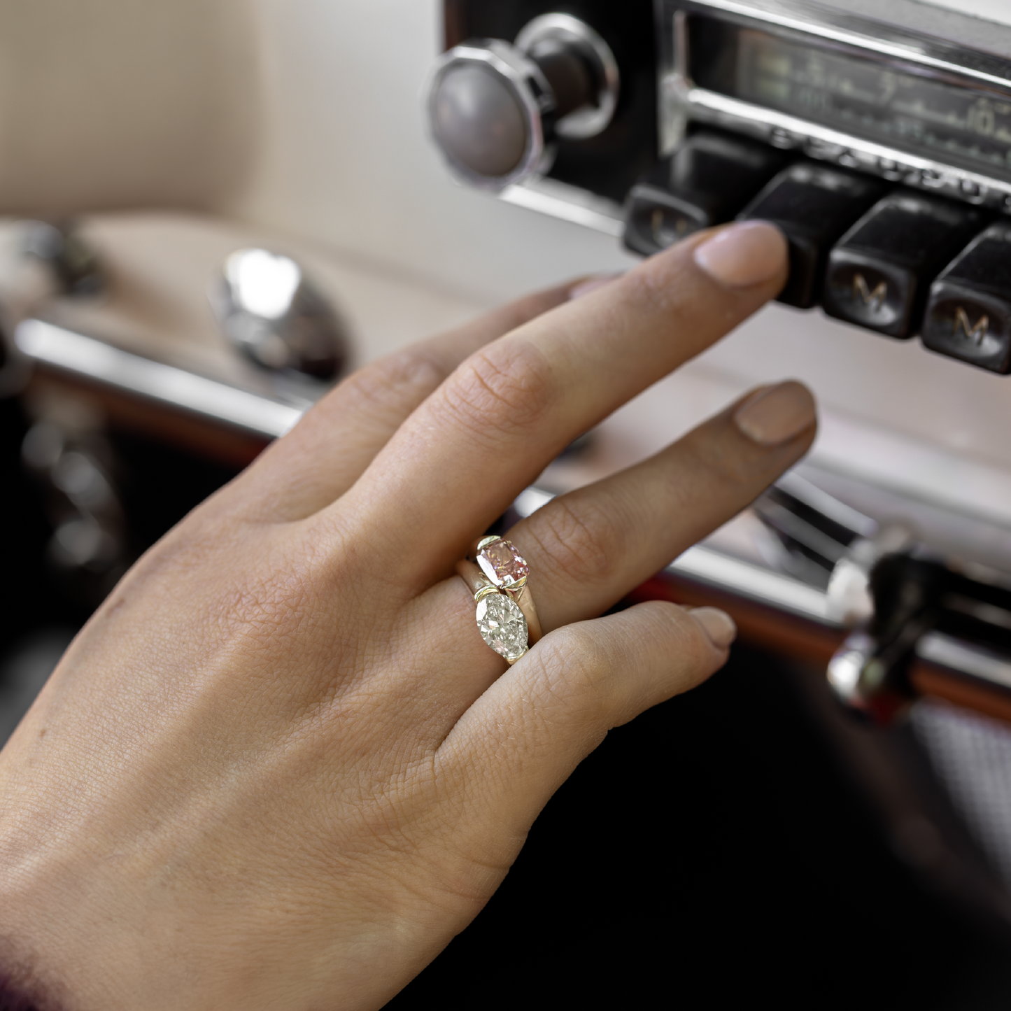 East West Solitaire Half Bezel- 2.1 CT Oval Moissanite Engagement RingEast West Solitaire Half Bezel- 2.1 CT Oval Moissanite Engagement Ring - Side view