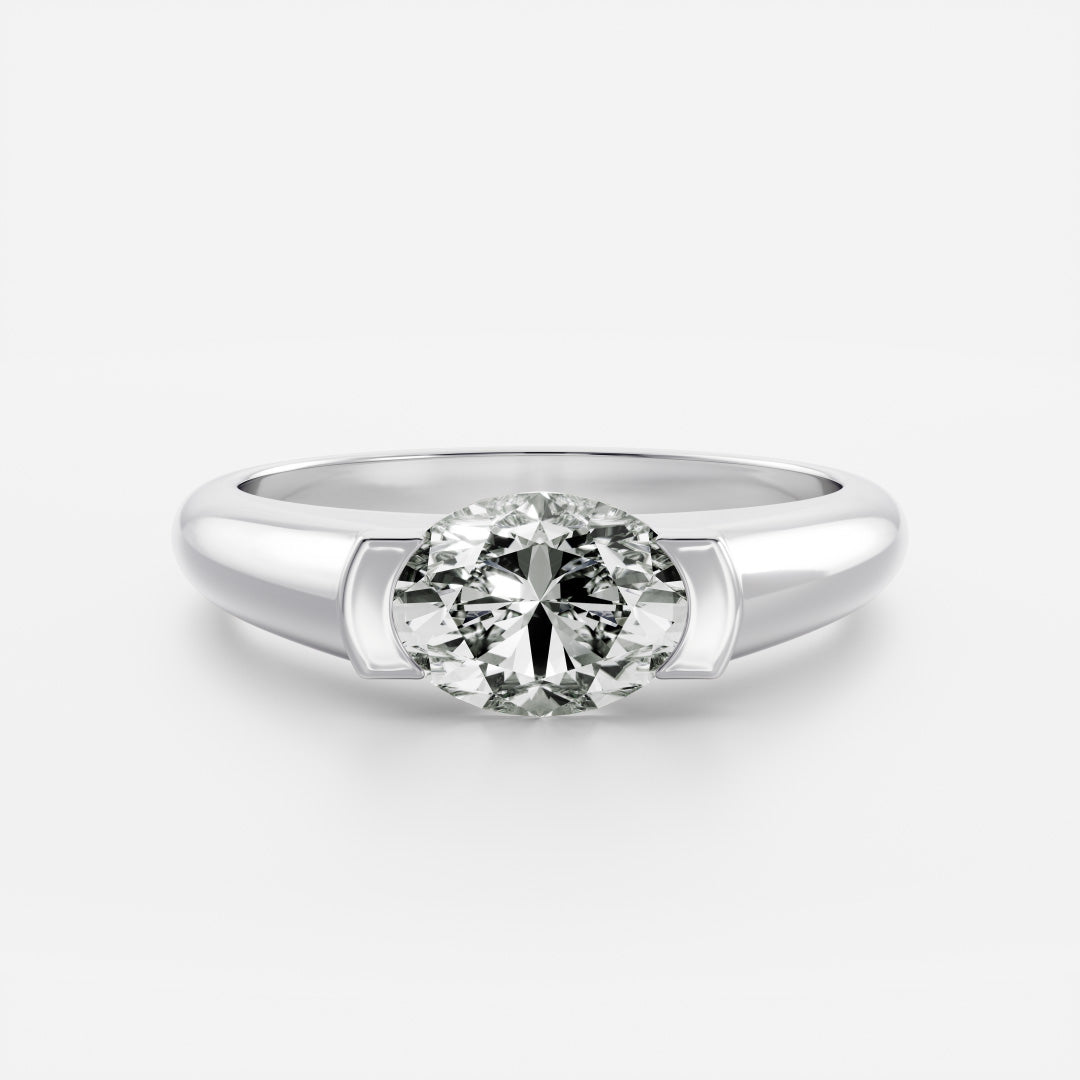 East West Solitaire Half Bezel- 2.1 CT Oval Moissanite Engagement RingEast West Solitaire Half Bezel- 2.1 CT Oval Moissanite Engagement Ring - Detail view