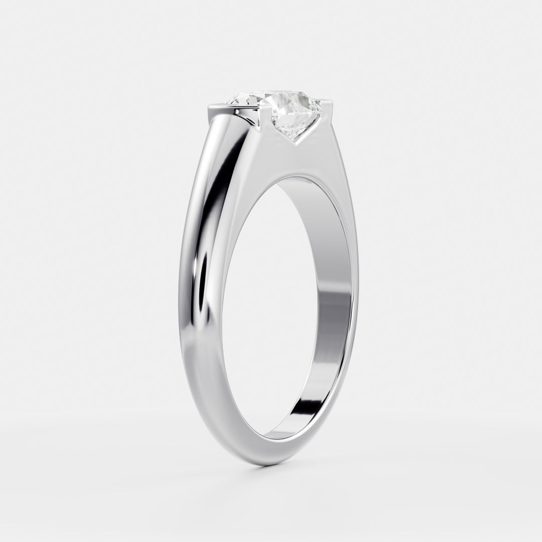 East West Solitaire Half Bezel- 2.1 CT Oval Moissanite Engagement RingEast West Solitaire Half Bezel- 2.1 CT Oval Moissanite Engagement Ring - On model