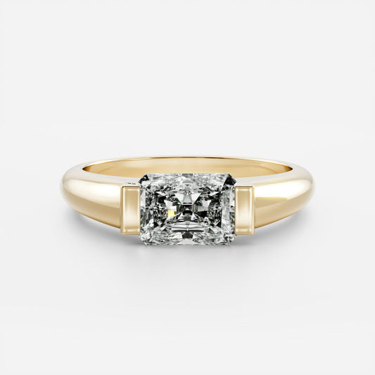 East West Solitaire Half Bezel- 2.4 CT Radiant Moissanite Engagement RingEast West Solitaire Half Bezel- 2.4 CT Radiant Moissanite Engagement Ring - Front view