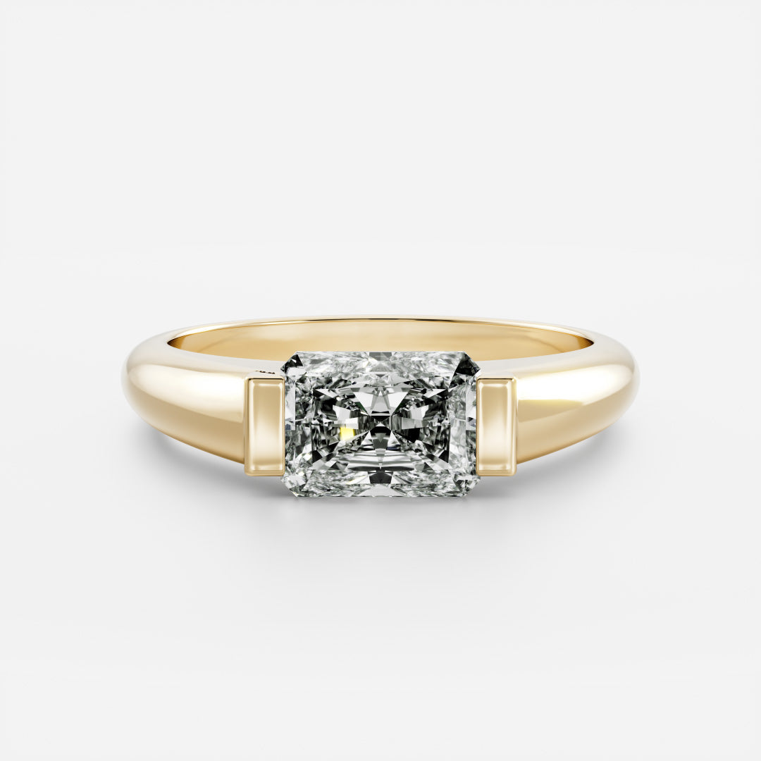 East West Solitaire Half Bezel- 2.4 CT Radiant Moissanite Engagement RingEast West Solitaire Half Bezel- 2.4 CT Radiant Moissanite Engagement Ring - Front view
