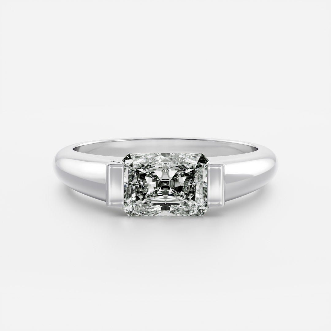 East West Solitaire Half Bezel- 2.4 CT Radiant Moissanite Engagement RingEast West Solitaire Half Bezel- 2.4 CT Radiant Moissanite Engagement Ring - On model