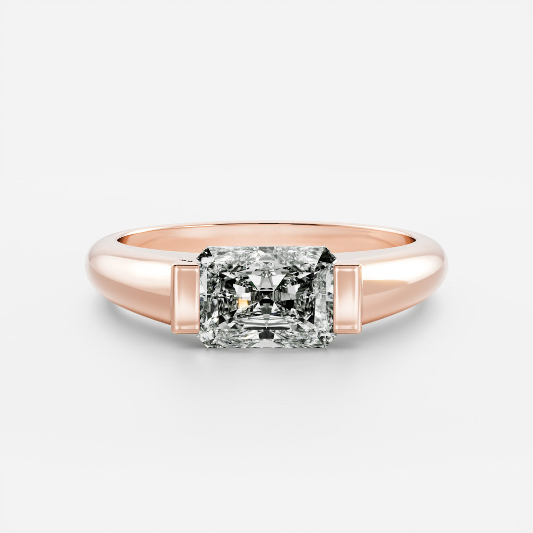 East West Solitaire Half Bezel- 2.4 CT Radiant Moissanite Engagement RingEast West Solitaire Half Bezel- 2.4 CT Radiant Moissanite Engagement Ring - Side view