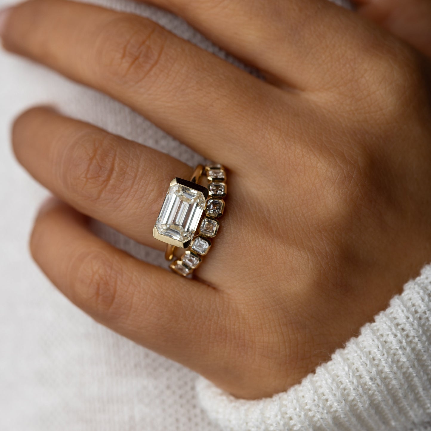 East West Solitaire Half Bezel-Emerald Lab Grown Diamond Engagement Ring - Lifestyle