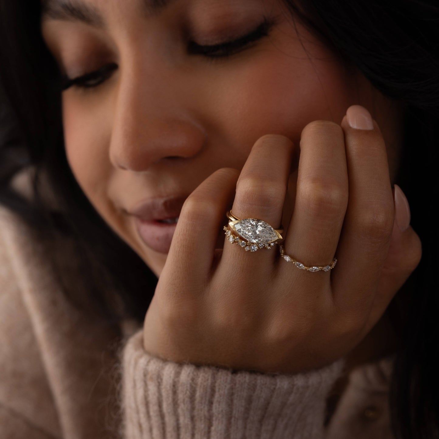 East West Solitaire Half Bezel-Marquise Lab Grown Diamond Engagement Ring - Lifestyle