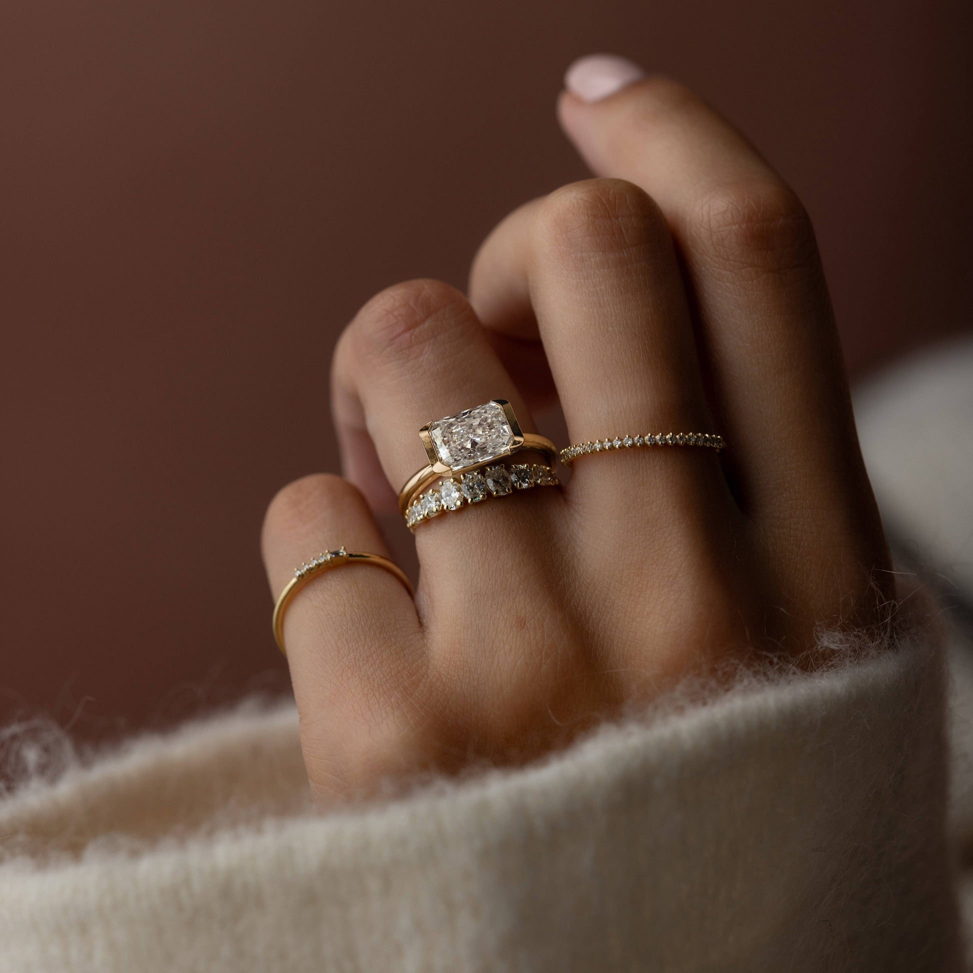 East West Solitaire Half Bezel-Radiant Lab Grown Diamond Engagement Ring - Lifestyle