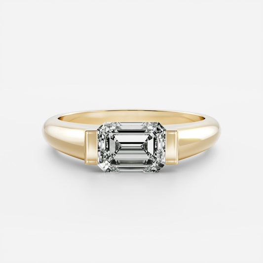East West Solitaire Half Bezel with Signet Band-Emerald Lab Grown Diamond Engagement Ring - Front view