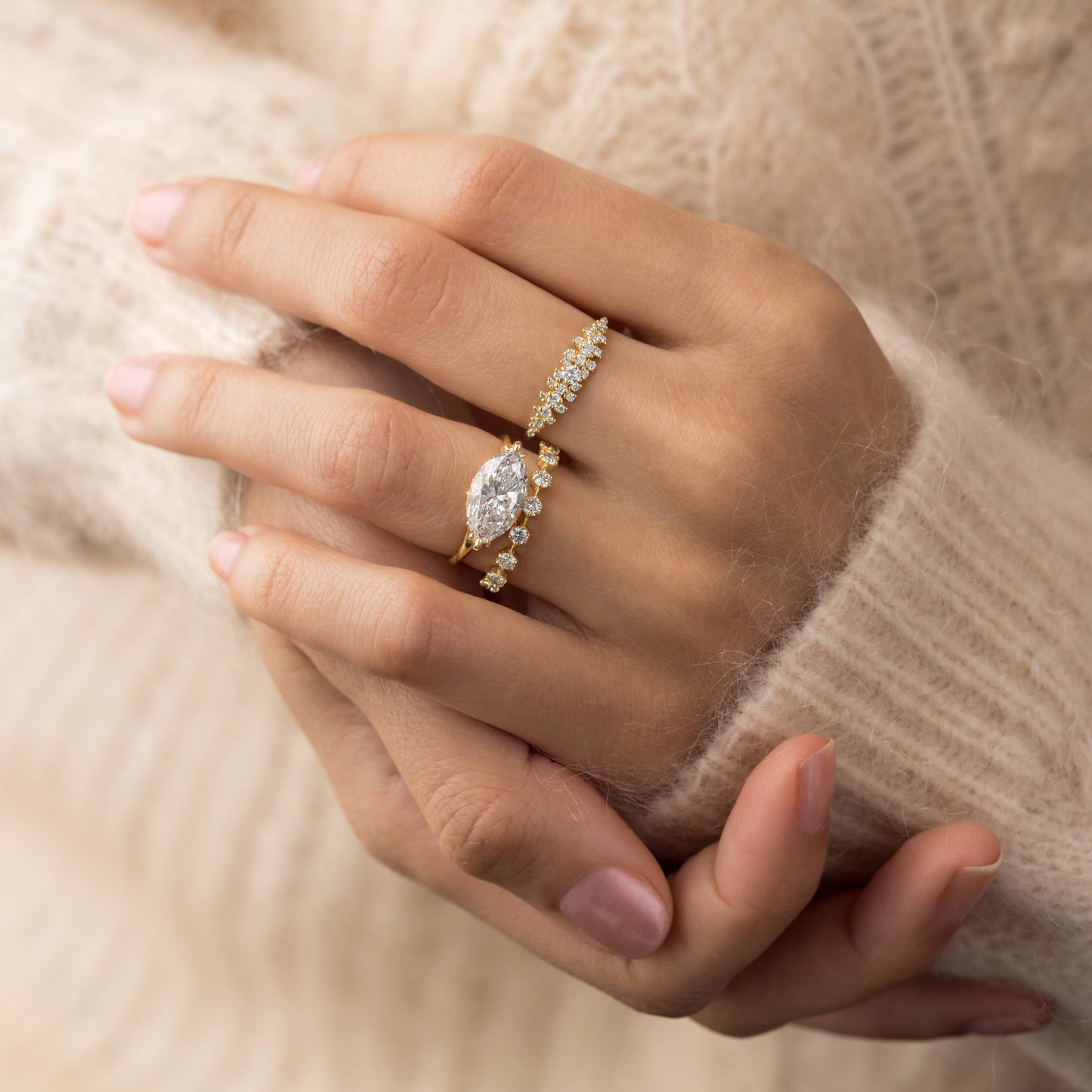 East West Solitaire with Hidden Stones-Marquise Lab Grown Diamond Engagement Ring - Lifestyle