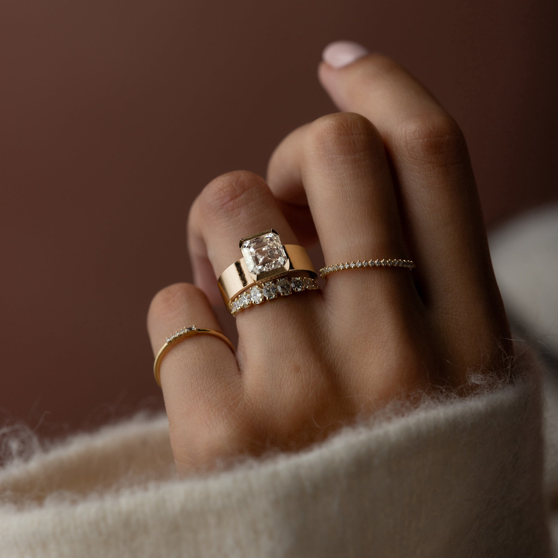 Half Bezel & Cigar Band-Asscher Lab Grown Diamond Engagement Ring - Lifestyle