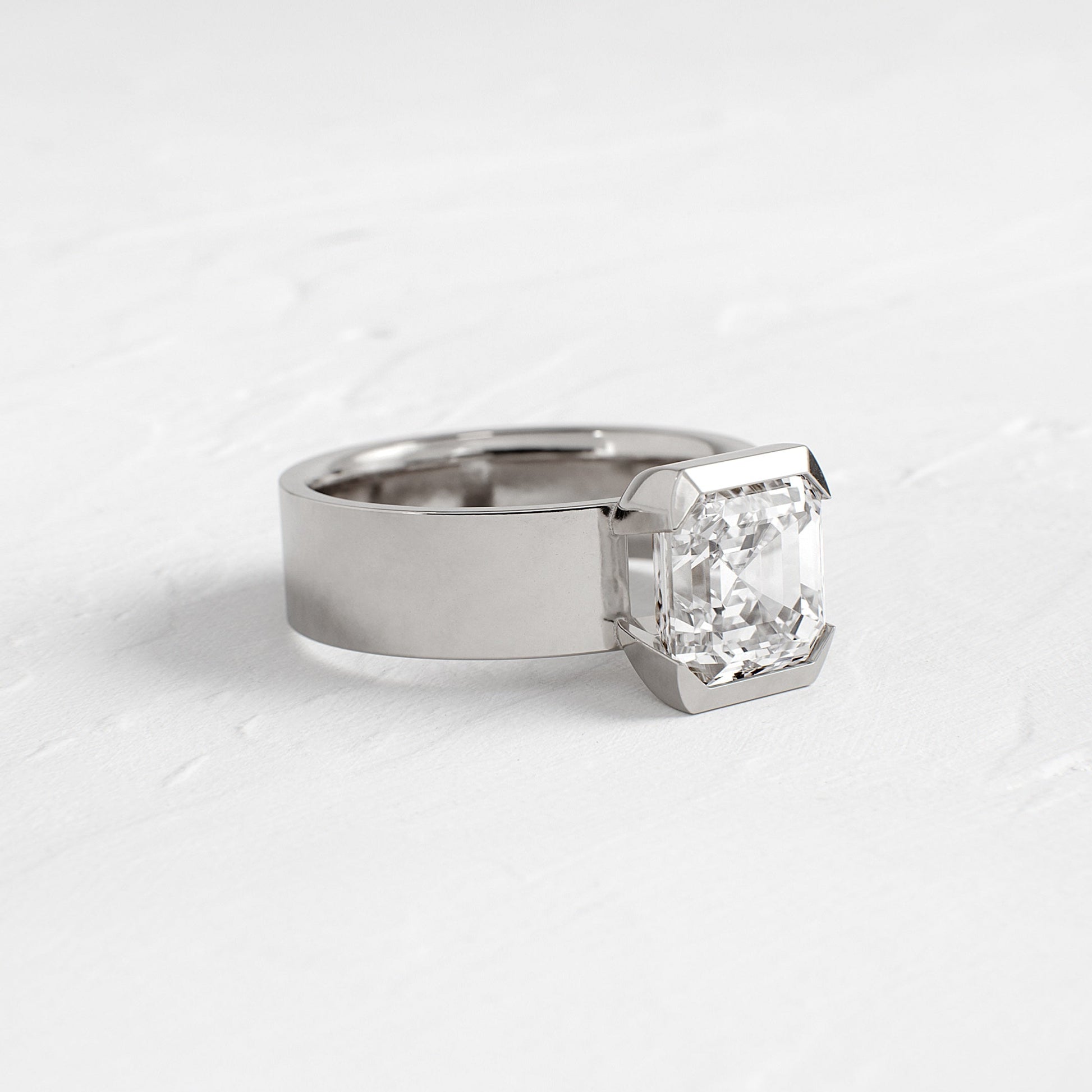 Half Bezel & Cigar Band-Asscher Lab Grown Diamond Engagement Ring - On model