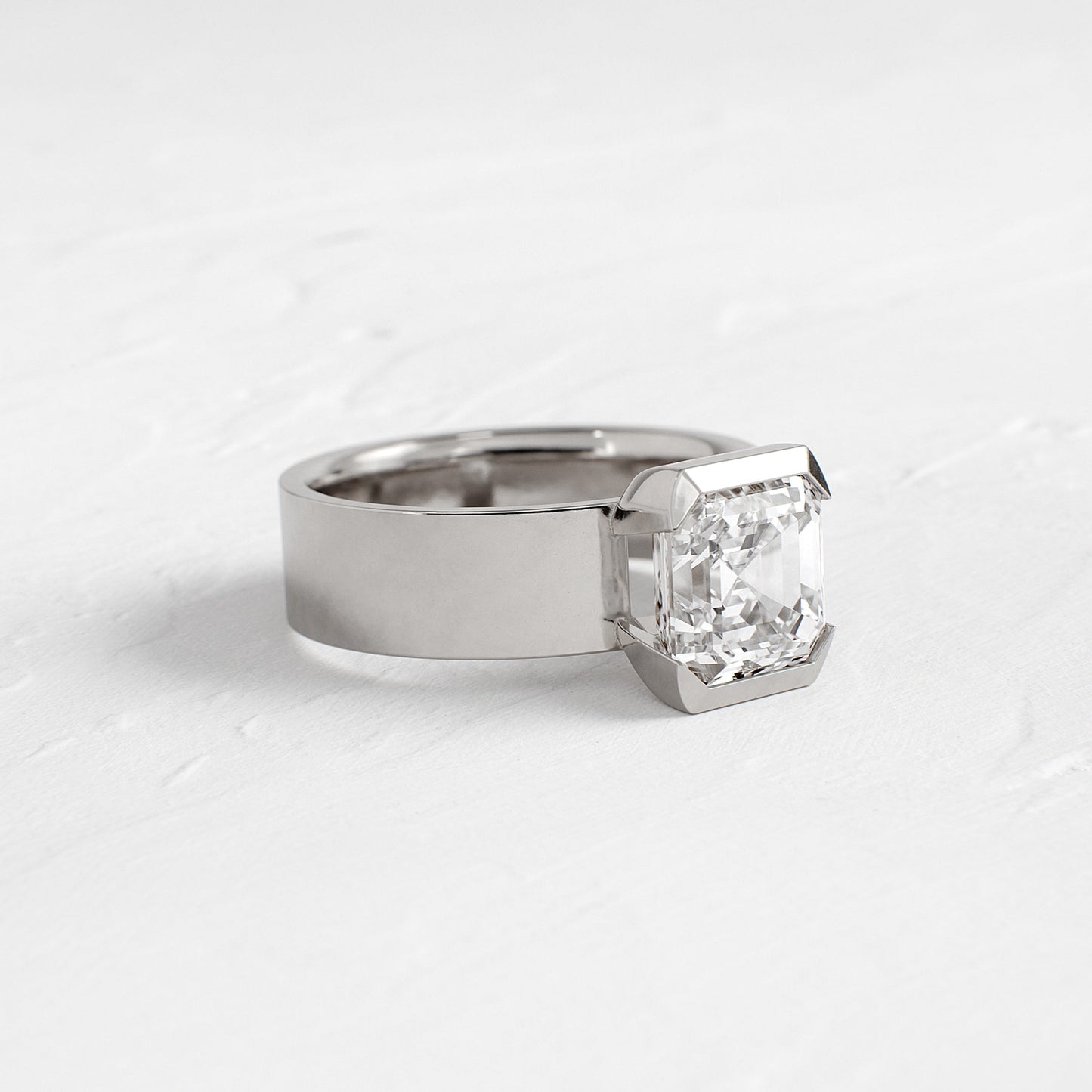 Half Bezel & Cigar Band-Asscher Lab Grown Diamond Engagement Ring - On model