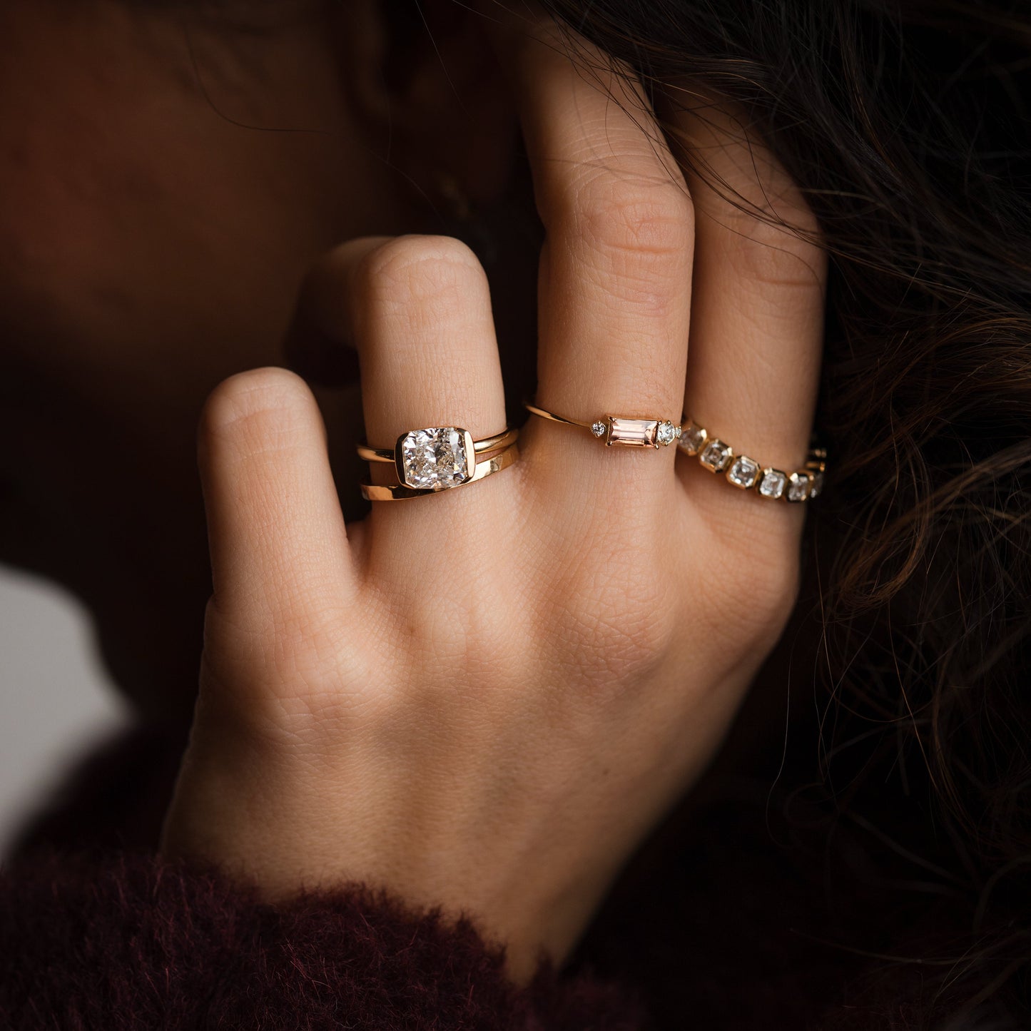 Half Bezel & East West-Elongated Cushion Lab Grown Diamond Engagement Ring - Lifestyle