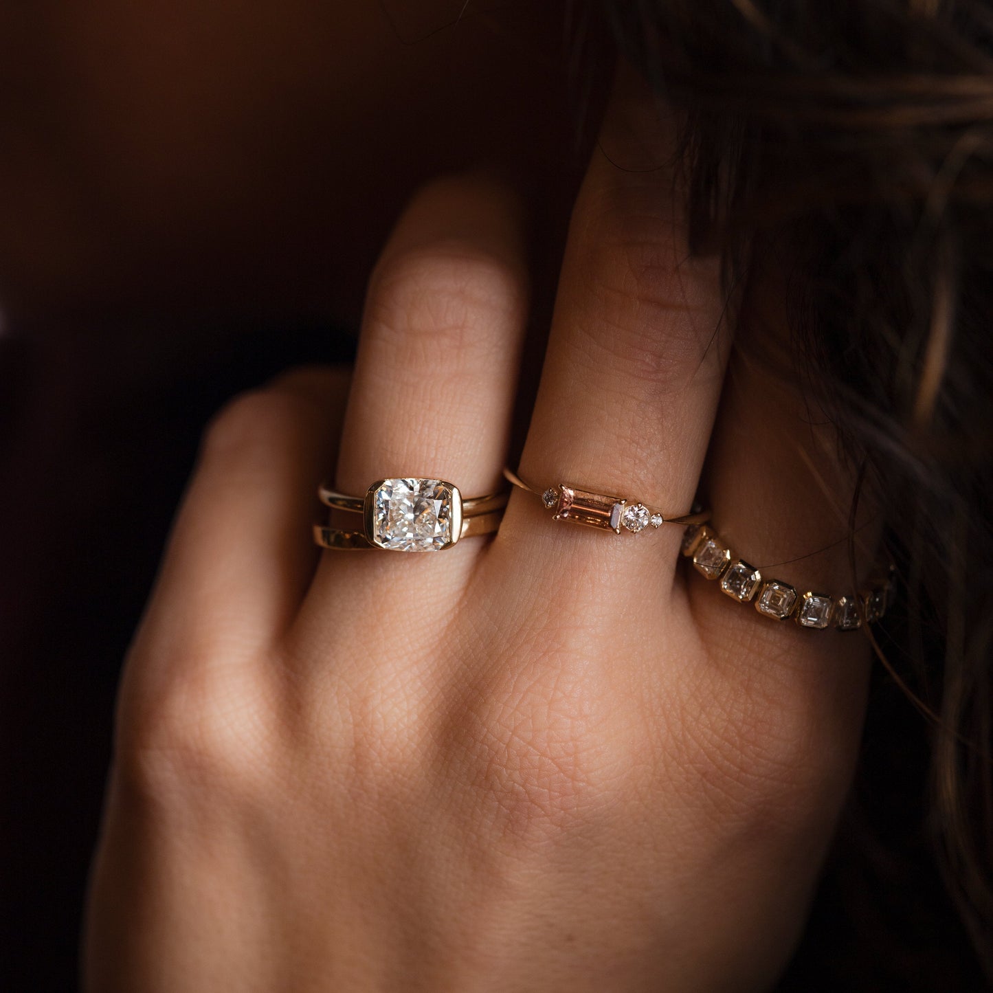 Half Bezel & East West-Elongated Cushion Lab Grown Diamond Engagement Ring - Front view