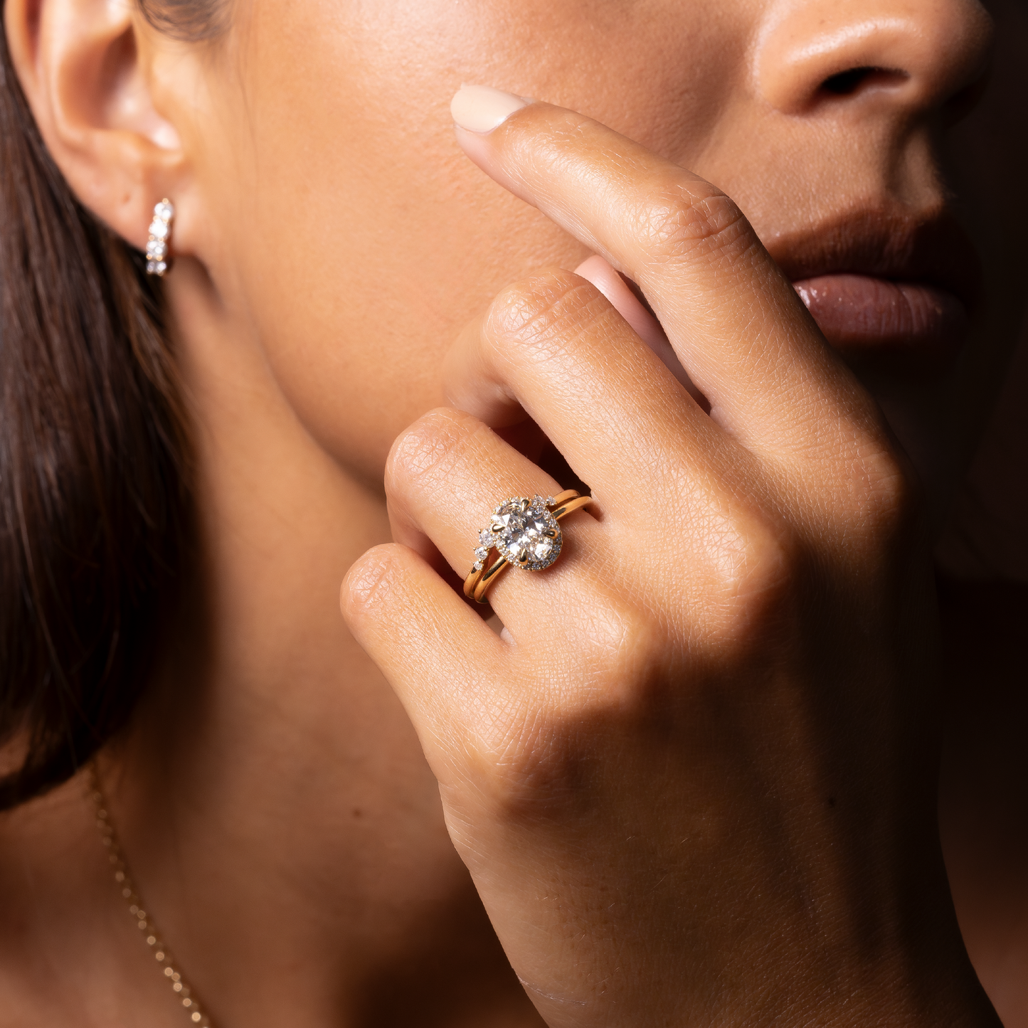 Halo- 1.7 CT Oval Moissanite Engagement RingHalo- 1.7 CT Oval Moissanite Engagement Ring - Side view